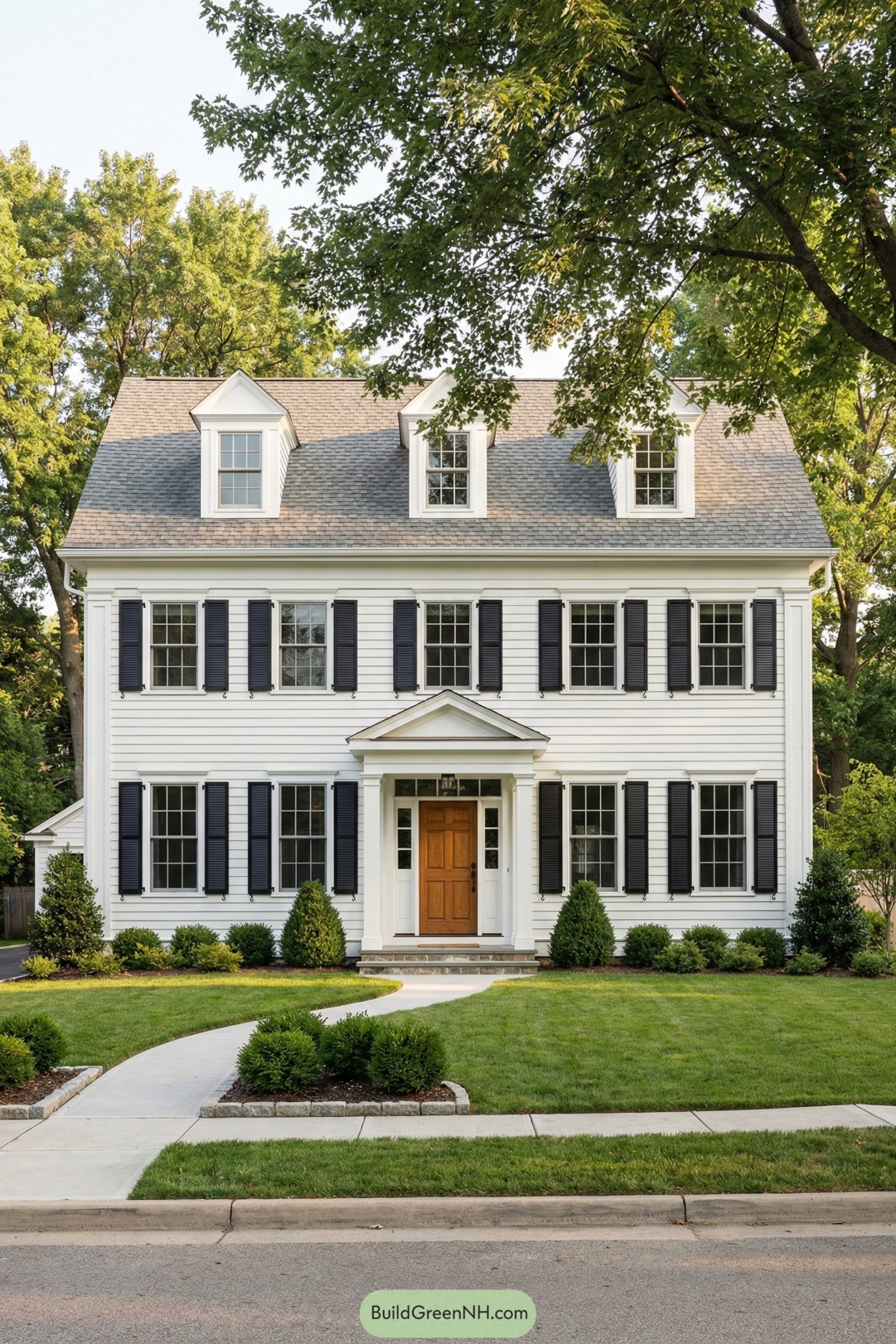 White garrison colonial house with black shutters, central wood front door, and neatly landscaped front yard