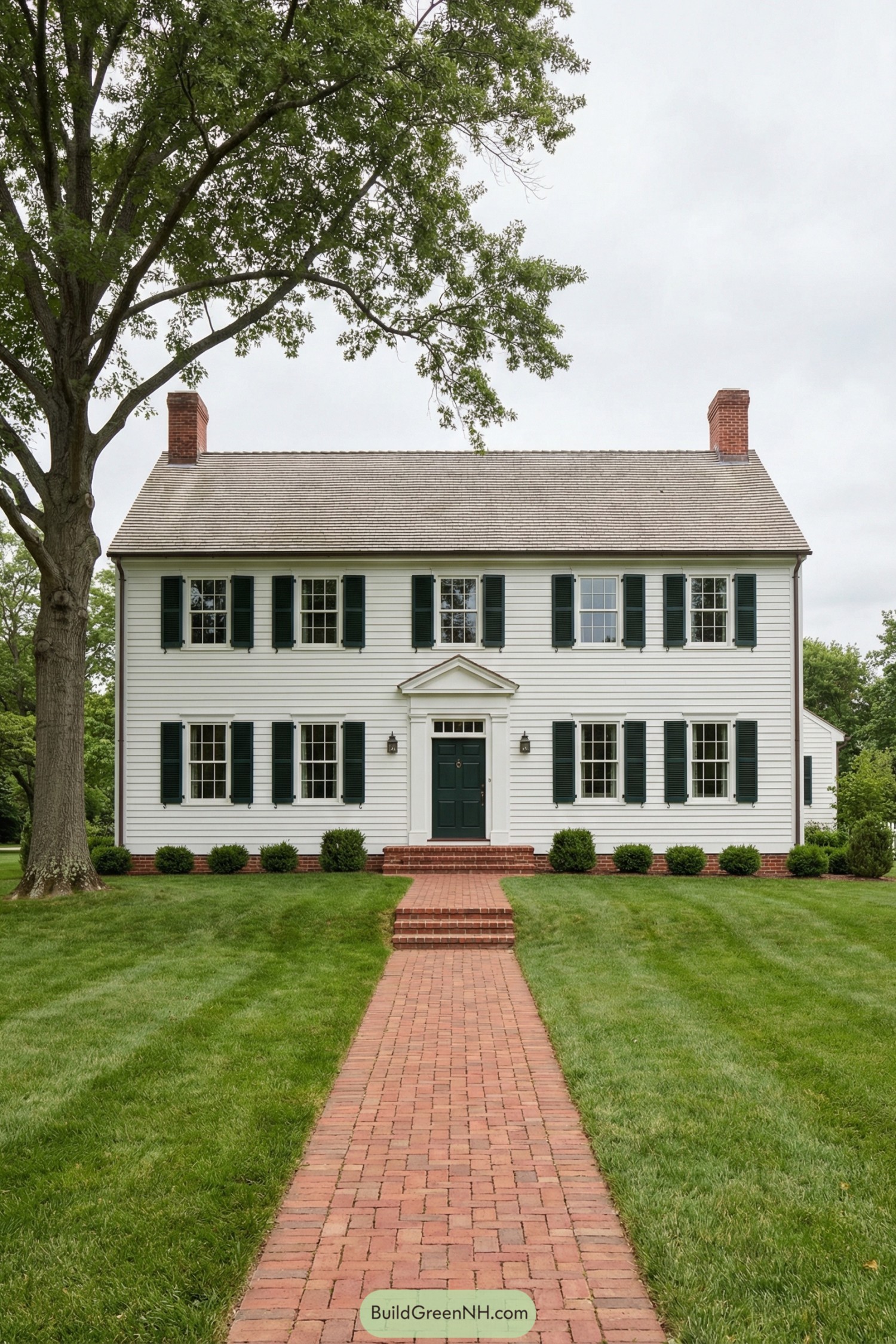 White garrison colonial with green shutters and brick walkway on a manicured lawn