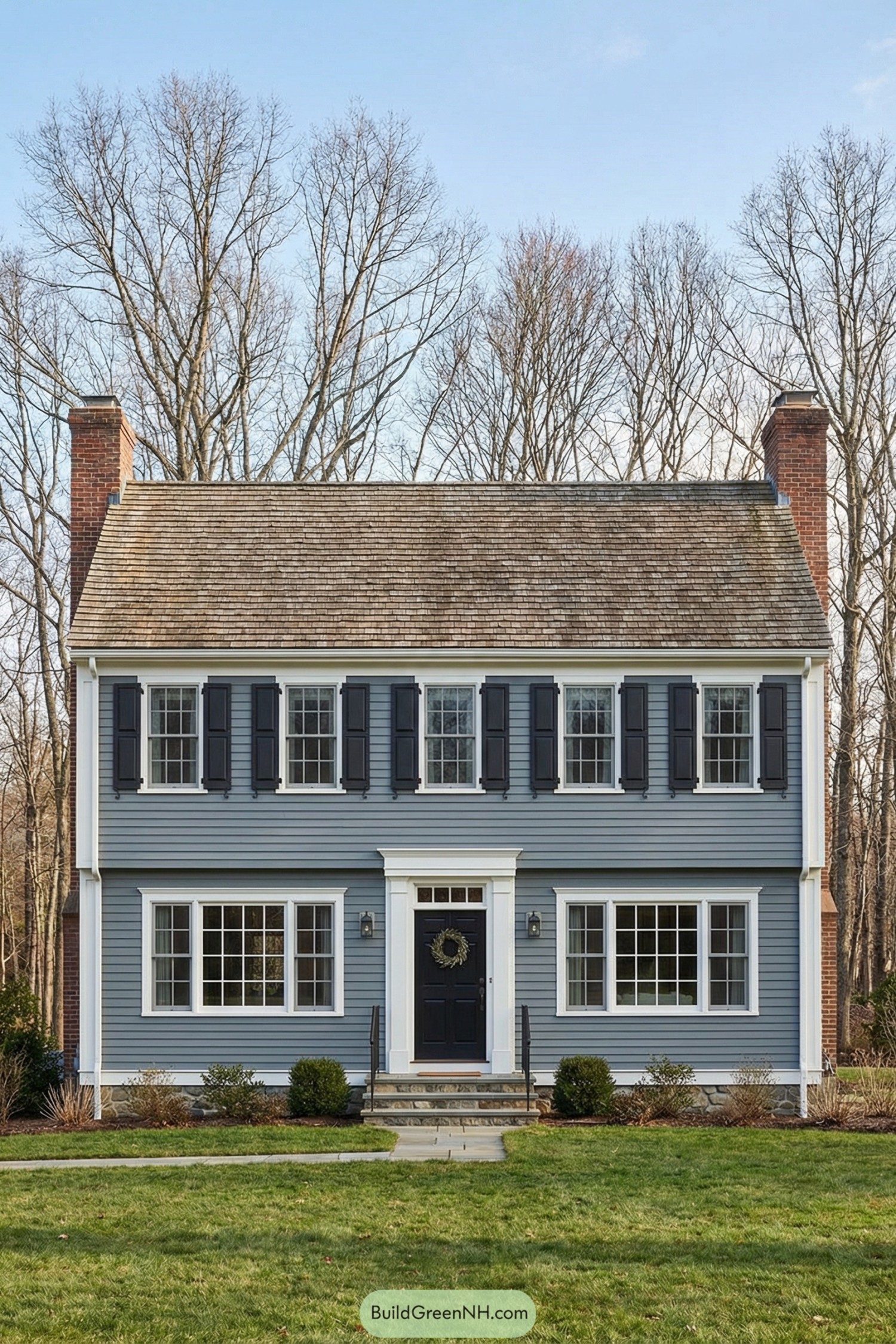 Two story blue garrison colonial with wood roof, twin brick chimneys, and dark shutters