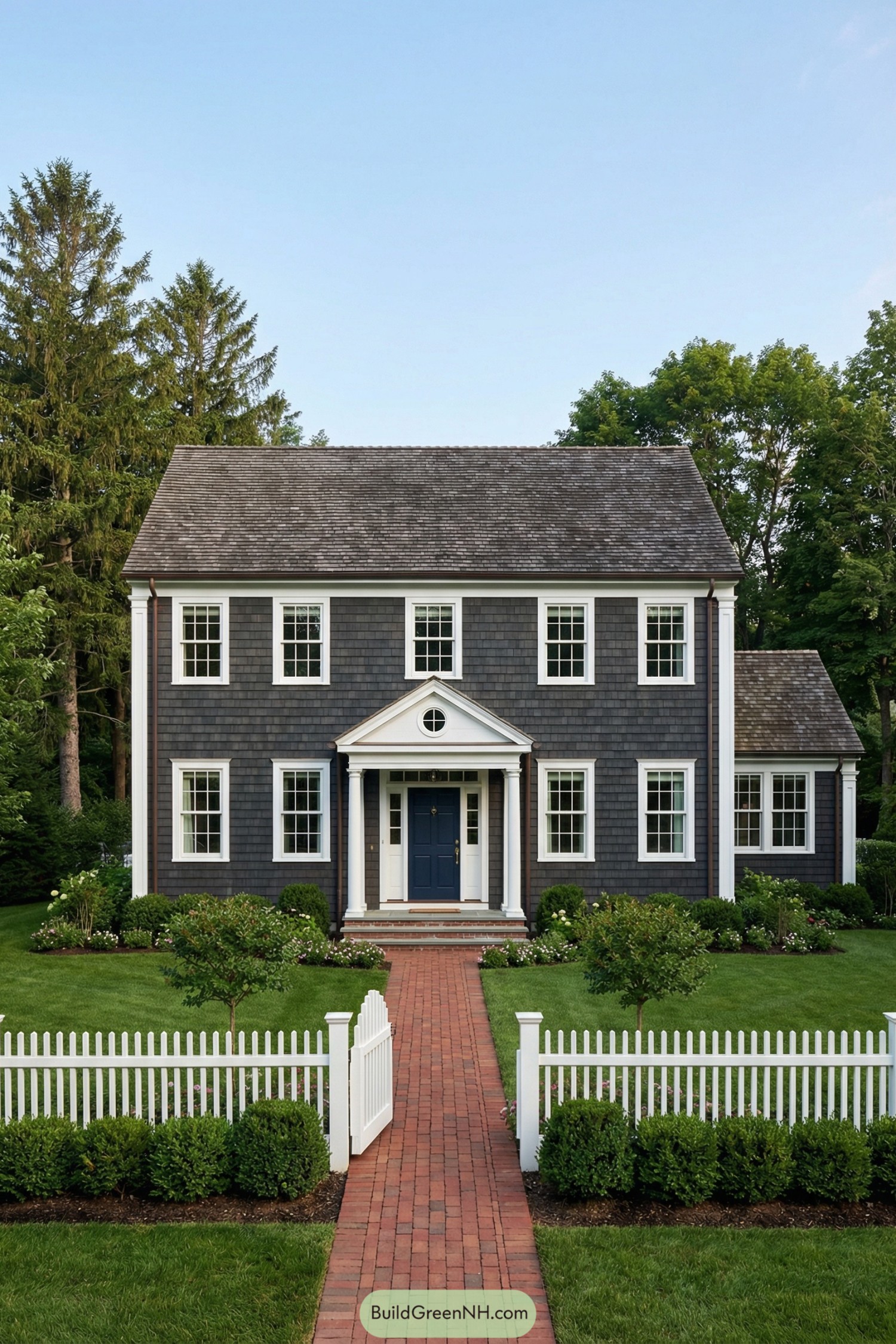 Classic navy garrison colonial with white trim, brick walk, and picket fence