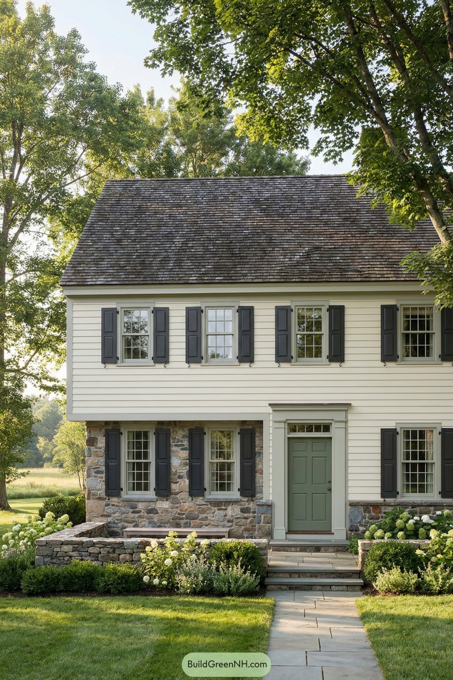 Two-story garrison colonial with stone first level and clapboard upper level