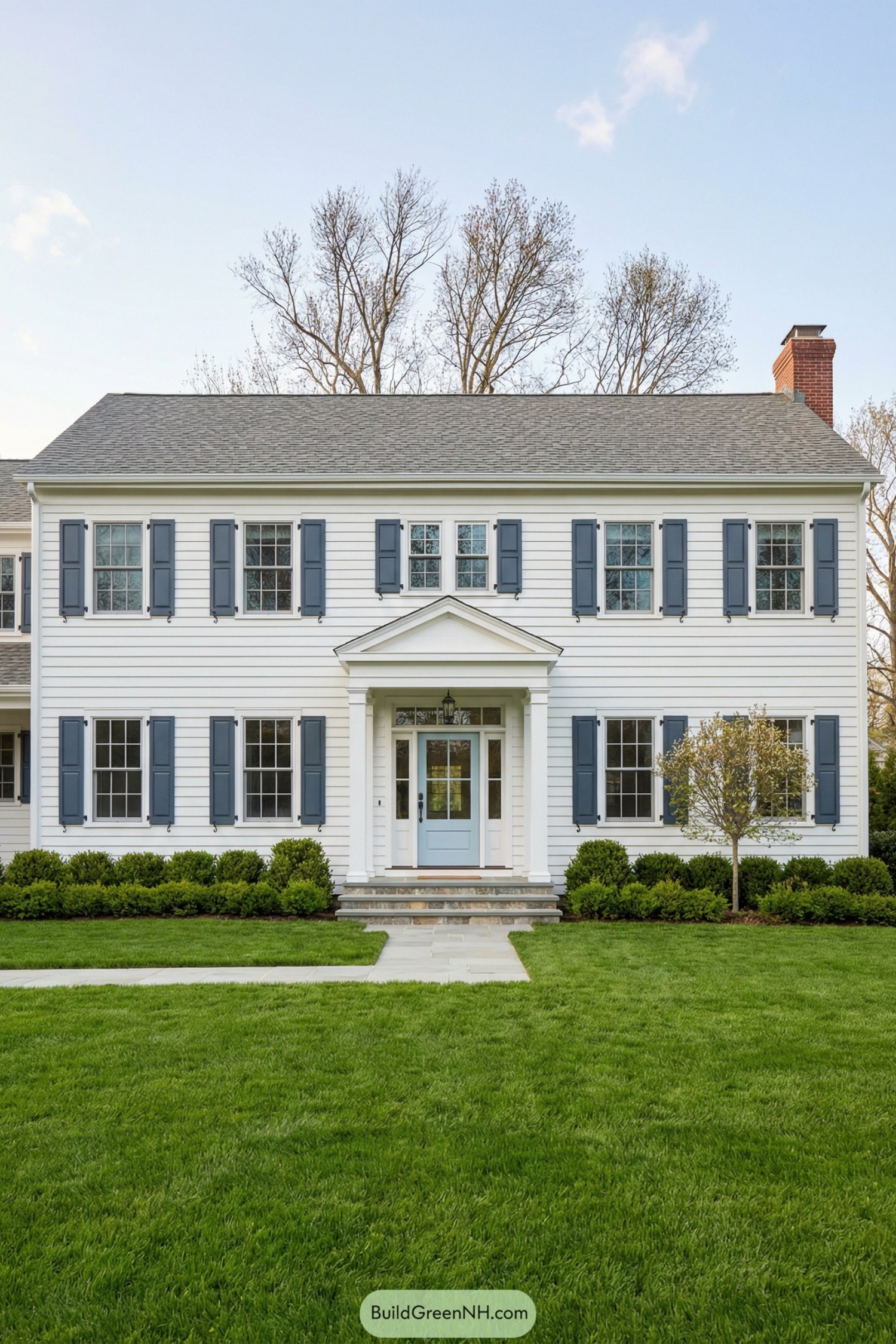 White garrison colonial with blue shutters and centered entry porch