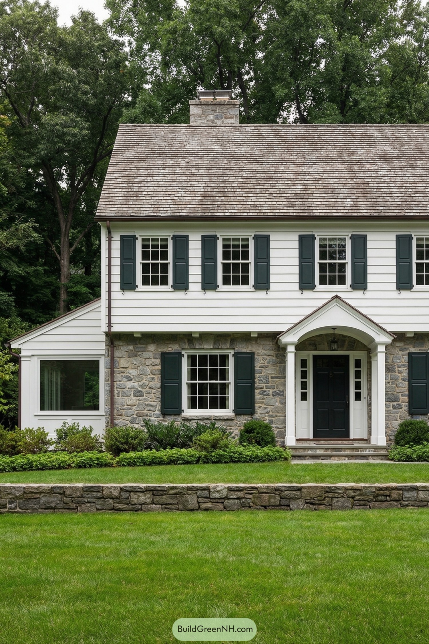 Two story garrison colonial with stone first level white siding upper level dark shutters and arched front entry