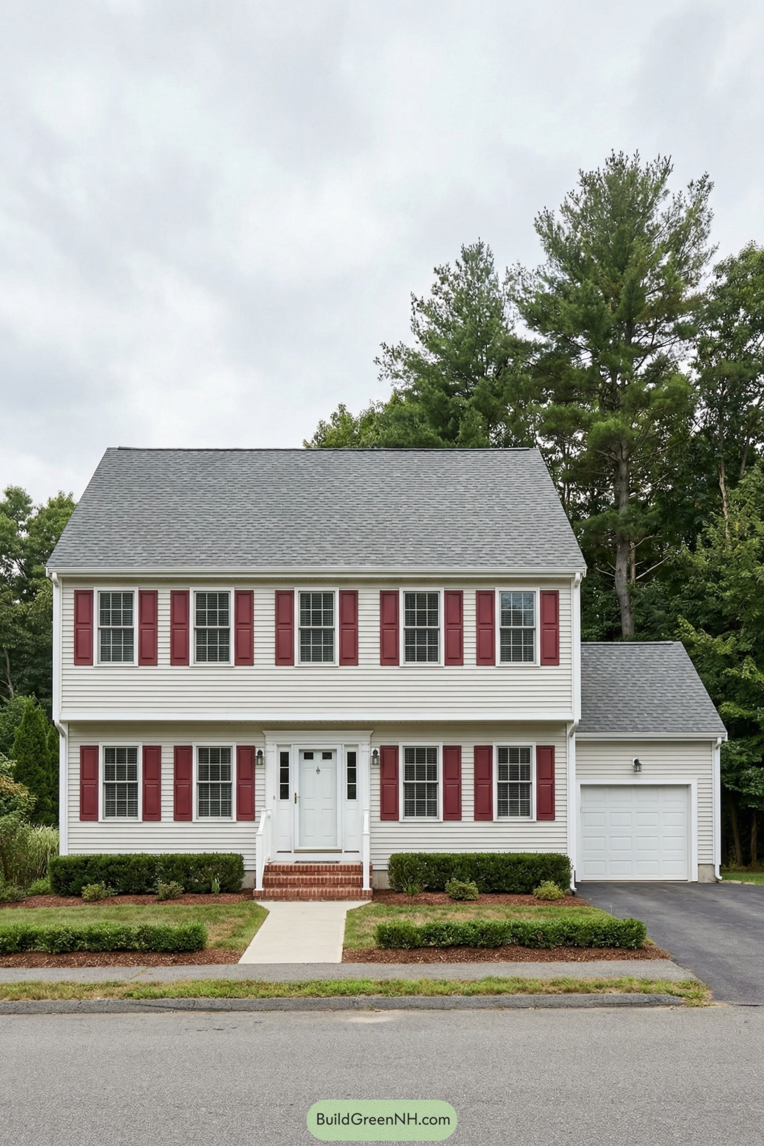White garrison colonial with red shutters and attached garage