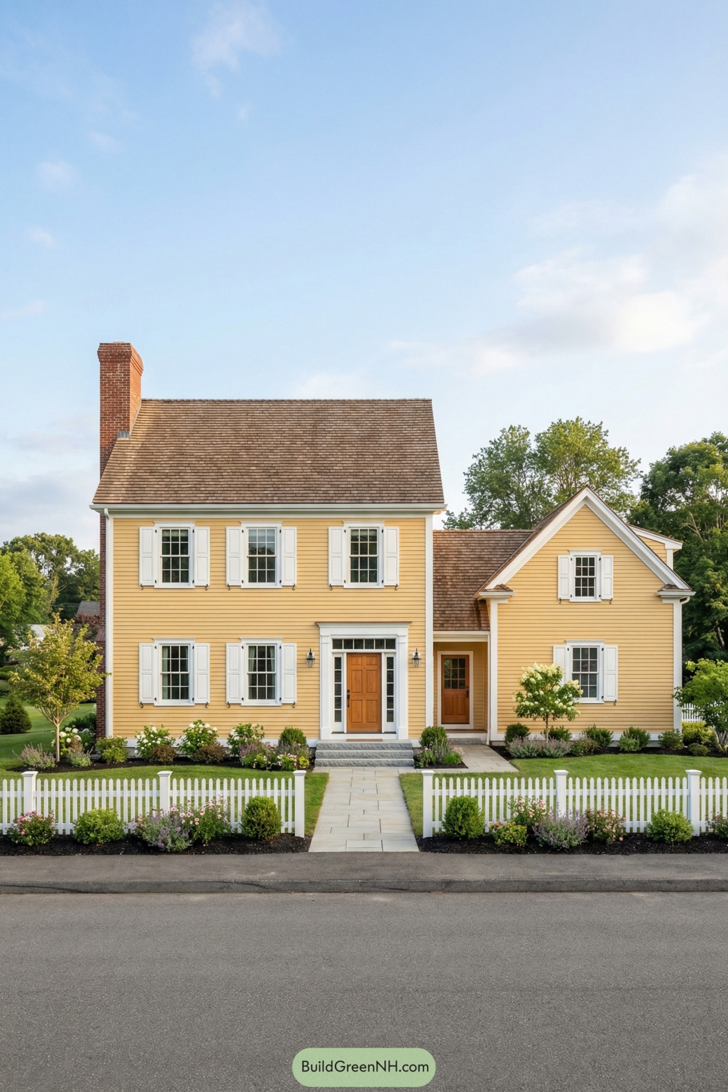 Warm yellow garrison colonial home with white shutters, brick chimney, and picket fence