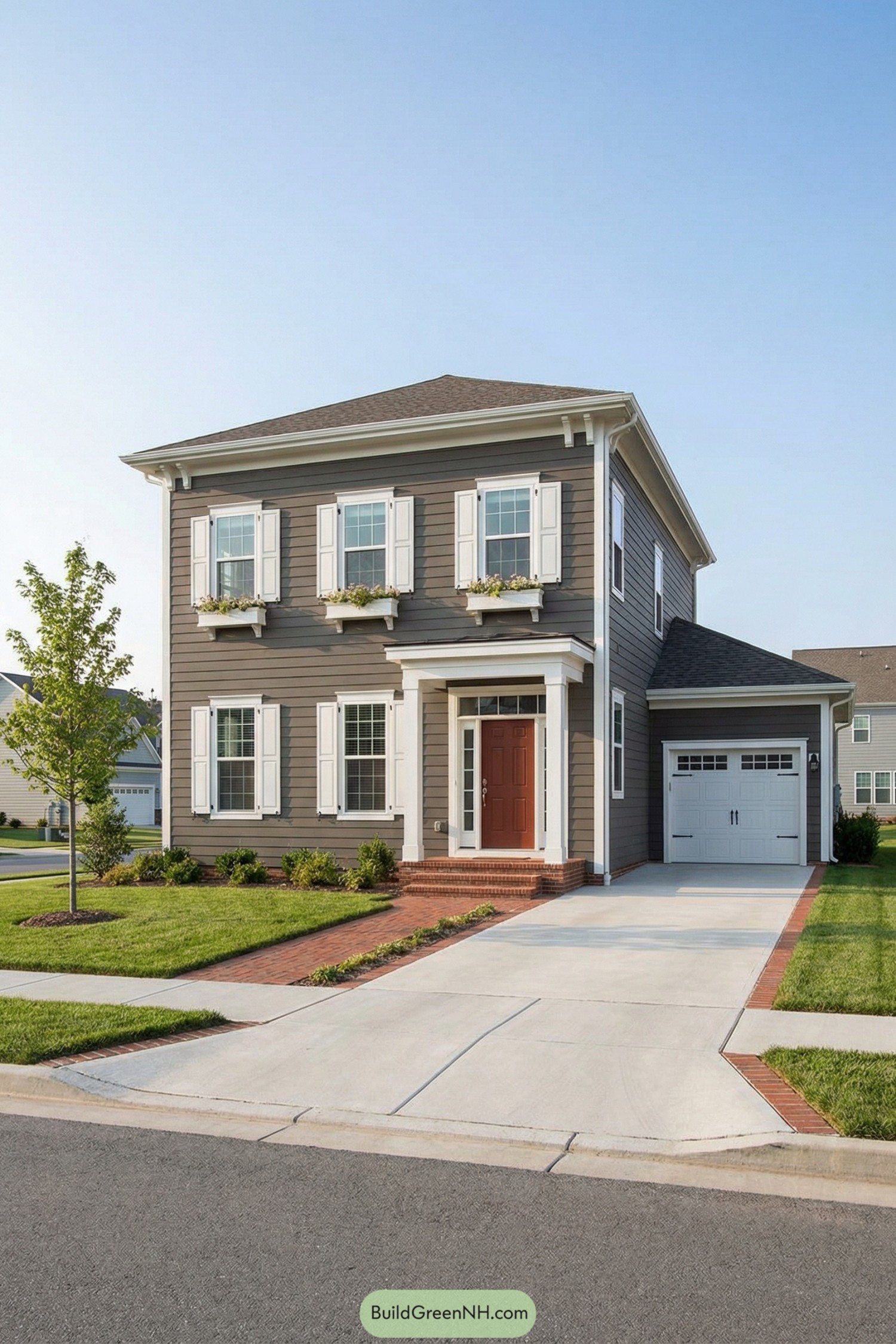 Gray garrison colonial house with white shutters, window flower boxes, and attached single garage