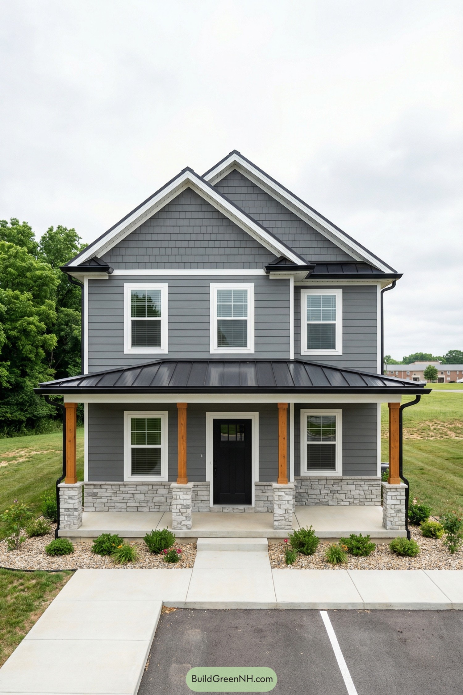 Gray two story house with white trim stone porch base and wood posts