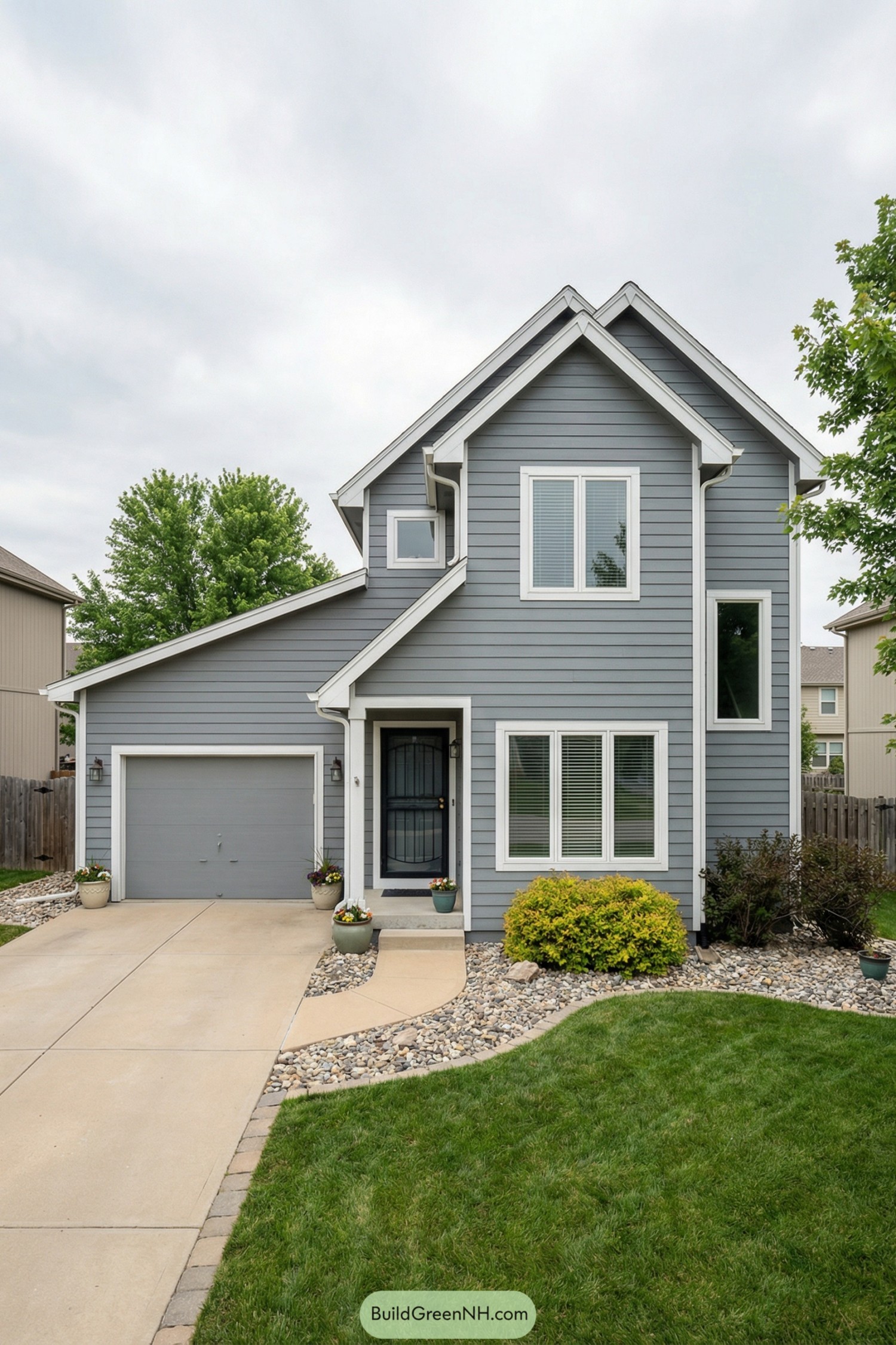 Two story gray house with white trim and attached garage
