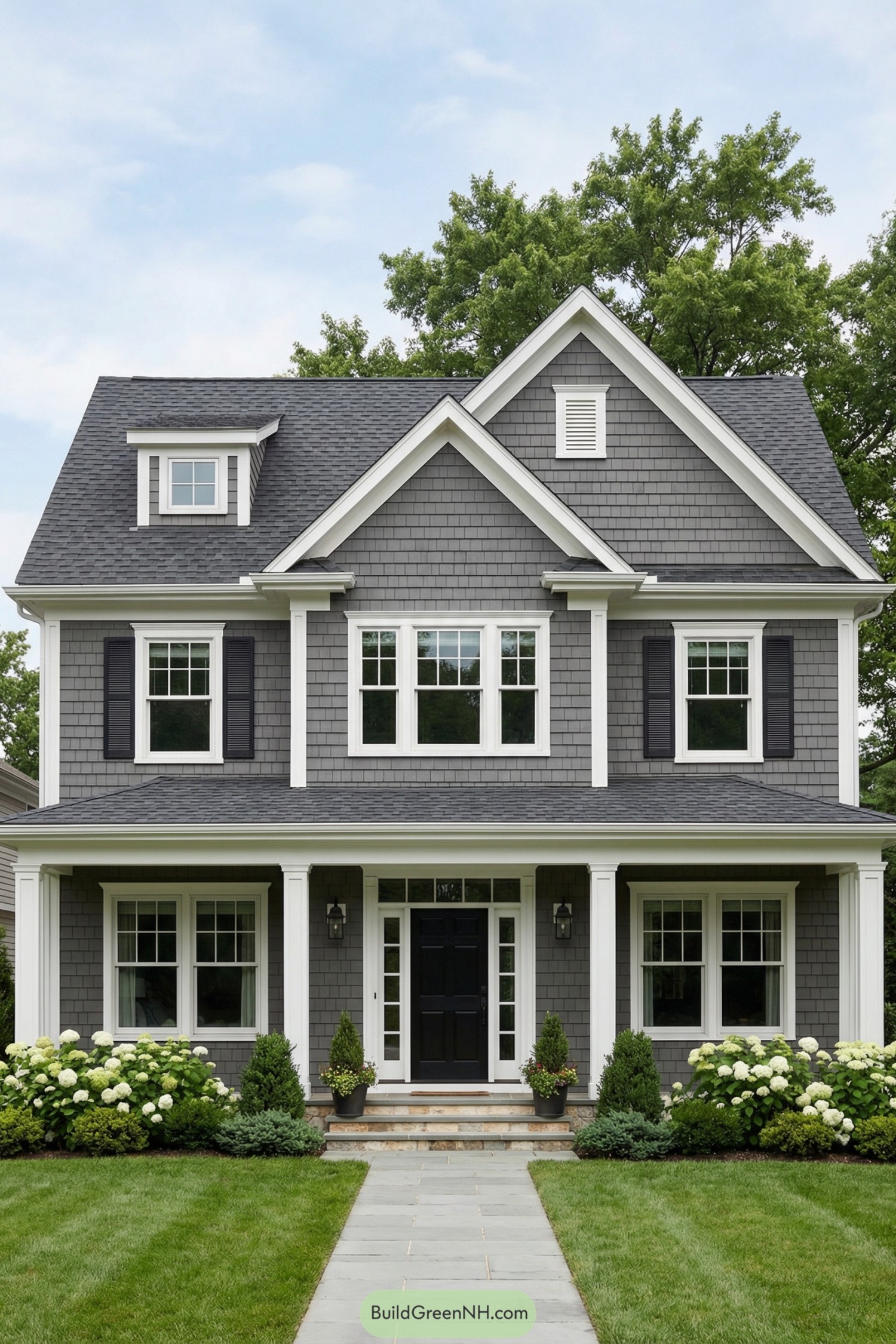 Gray two story house with white trim black shutters and landscaped front yard