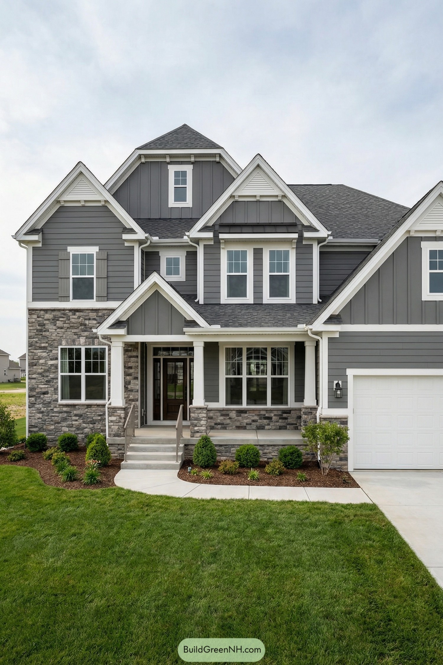 Gray two story house with white trim and stone base