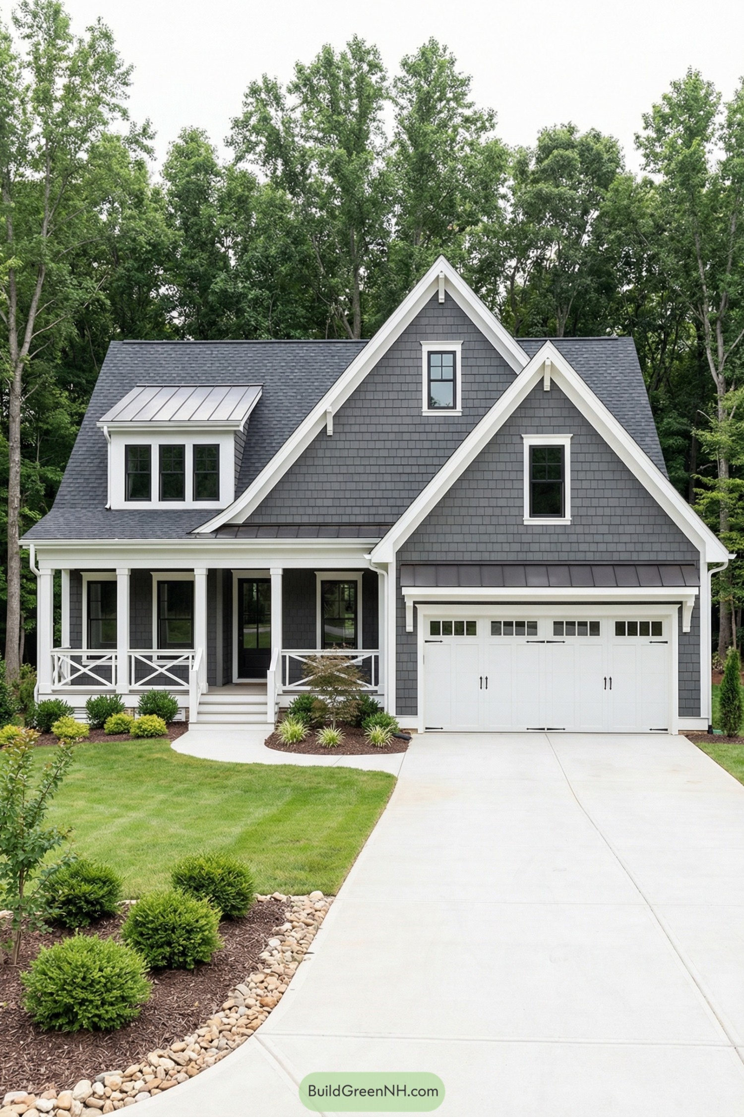 high-res photo of grey house white trim, facade: modern Craftsman-style two-story home with strong front-facing gables and an attached three-car garage, symmetrical garage volume on the right and a covered front porch volume on the left; colors: charcoal grey shingle siding, bright white trim, fascia, columns and garage doors, dark grey asphalt roofing, black window sashes, light grey concrete driveway; shape of the structure: asymmetrical composition with a tall central gable, a slightly lower right-side garage gable, and a left-side one-and-a-half-story wing with a shed-dormer above, clean rectilinear lines; materials of the building: textured shingle cladding on all main walls, smooth painted wood or fiber-cement trim and corner boards, white porch posts and X-pattern railing, simple concrete foundation base; roofing: steep composite shingle roofs on all gables, small standing-seam metal shed roof above the left upper dormer, narrow dark metal awning roof above the triple garage doors, white boxed eaves; windows: tall rectangular multi-pane windows across the front porch with dark sashes and white casings, three grouped double-hung windows in the left upper dormer, single centered double-hung window in the main front gable, small transom-style panes along the tops of the garage doors; doors: single front entry door with full-height glass panel framed in dark color and white trim surround, three white paneled overhead garage doors with upper glass lites; outdoor structures: wide light concrete driveway leading straight to the garage, a narrower curved concrete walkway branching from the drive to the front porch steps, covered front porch running along the left volume with white square columns and decorative X-cross balustrade; landscaping: manicured green lawn in the foreground, low rounded shrubs spaced along a mulched planting bed at the porch base, rock edging between mulch and lawn, minimal young plantings near driveway edges; surrounding environment: dense backdrop of tall leafy deciduous trees in full foliage behind and to both sides of the house, no other buildings visible, natural forest edge creating a calm, picture-worthy suburban-woodland setting; setting and scene: straight-on eye-level view, overcast or softly diffused daylight creating even lighting, clean and uncluttered foreground emphasizing the architecture and harmonious integration with the green wooded background. single real-life photo, high-resolution, architectural photography, soft lighting, cinematic composition, strictly no collages