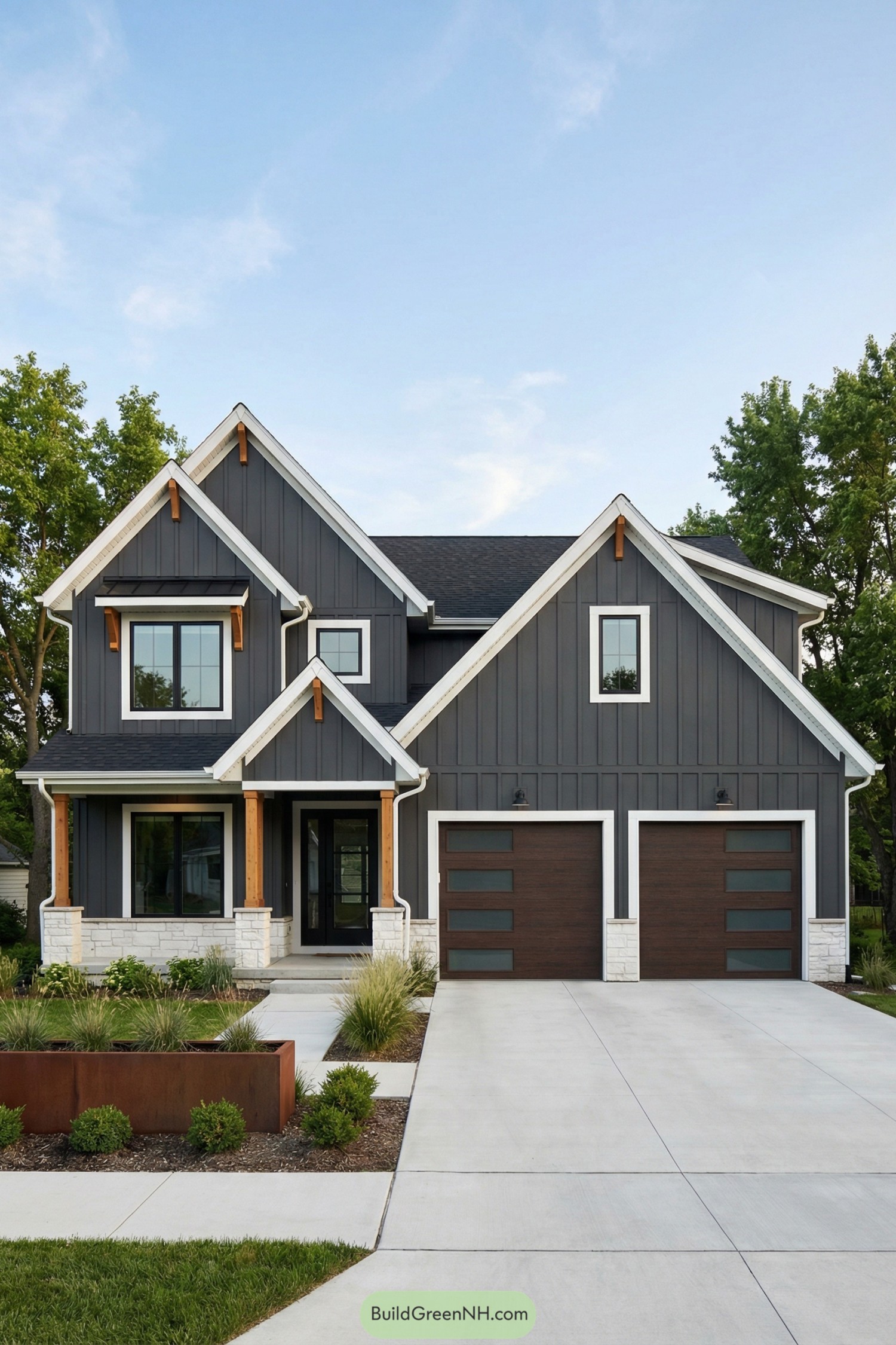 Modern gray two story house with white trim wood accents and double garage