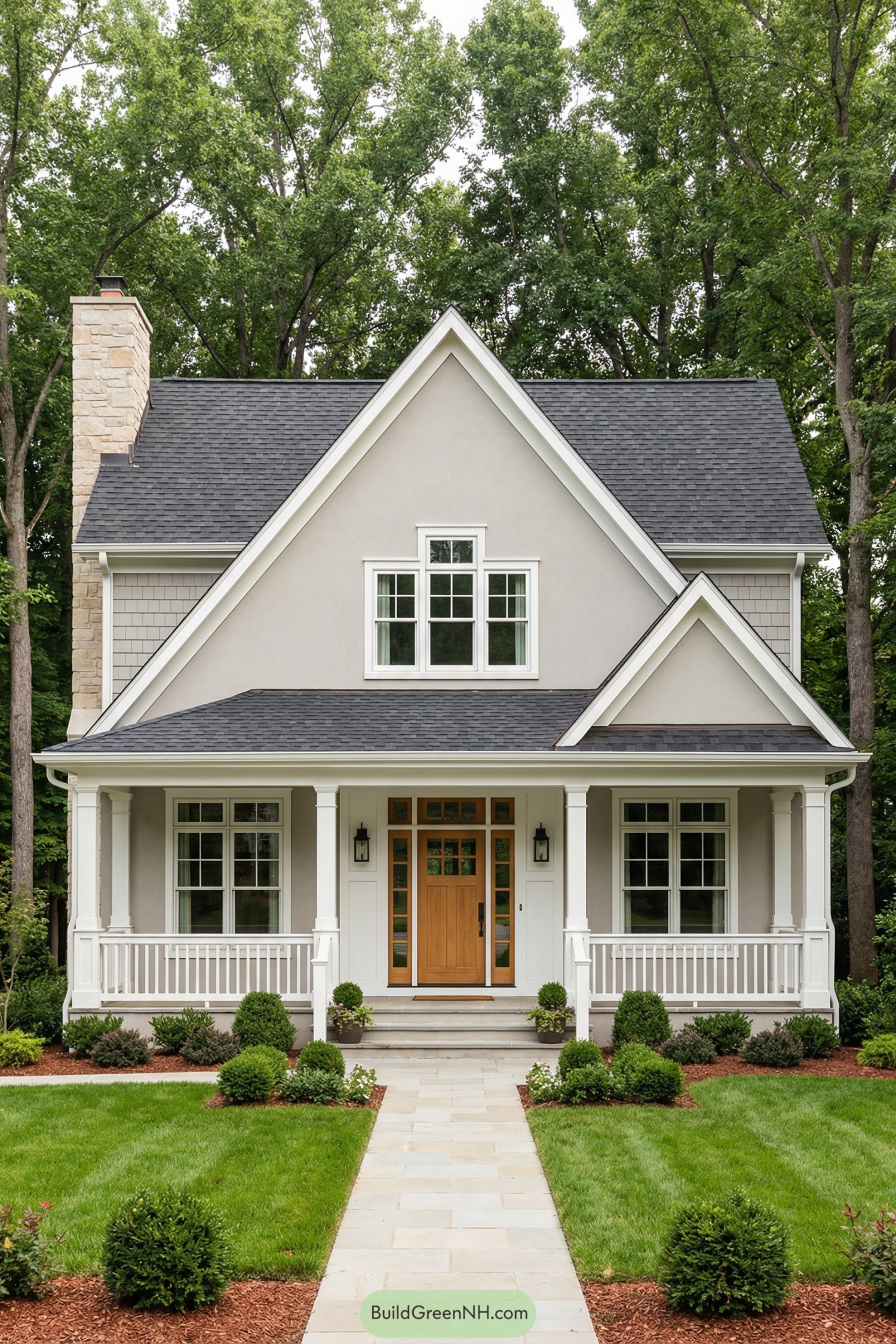 Gray gabled house with white trim and wood front door