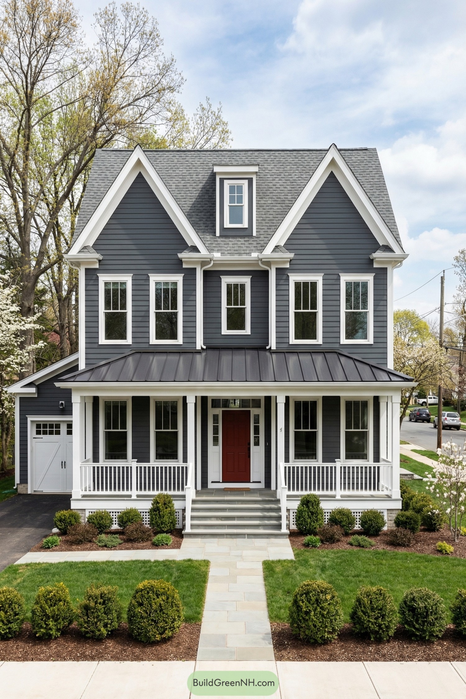 Two story gray house with white trim, front porch, and red entry door. Neat lawn and shrubs line the stone walkway