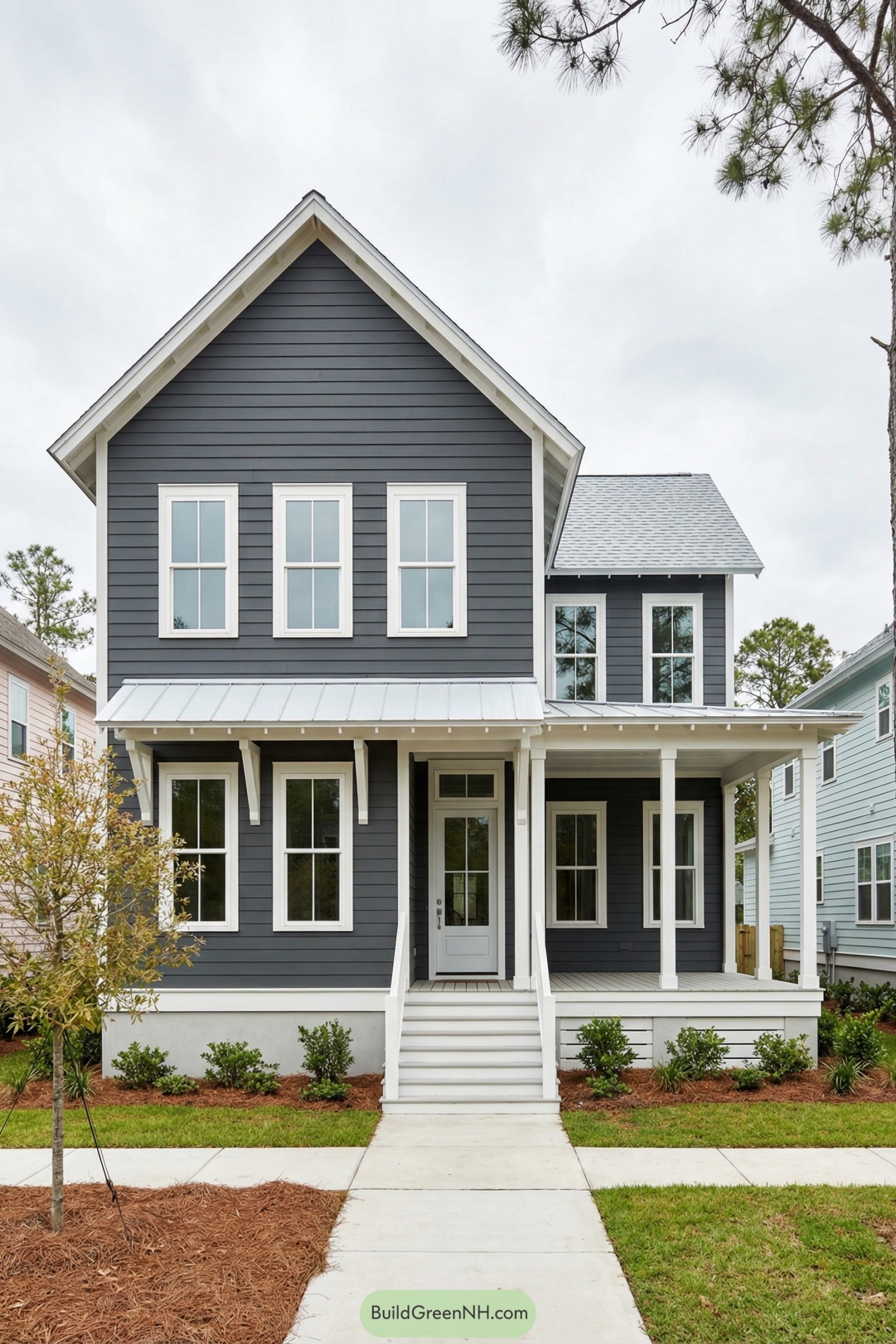 Two story dark gray house with white trim and a welcoming front porch