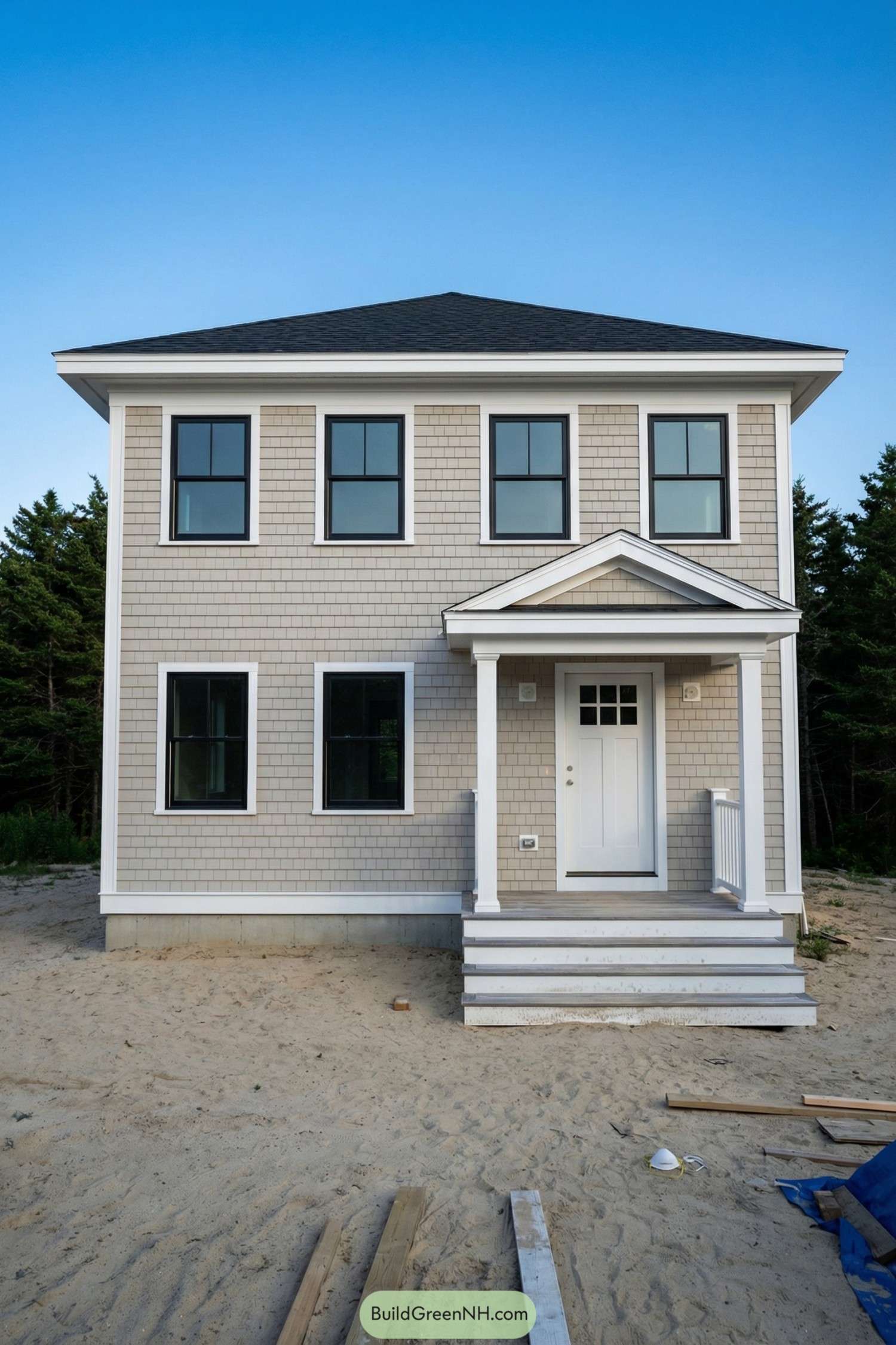 Two story gray shingle house with white trim and small covered front porch
