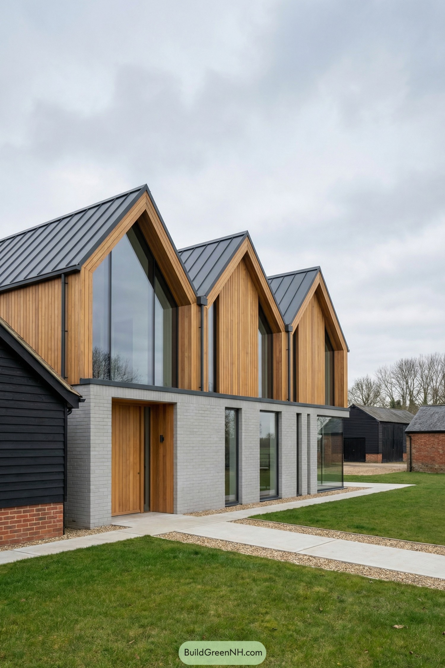 Contemporary house with three tall timber gables