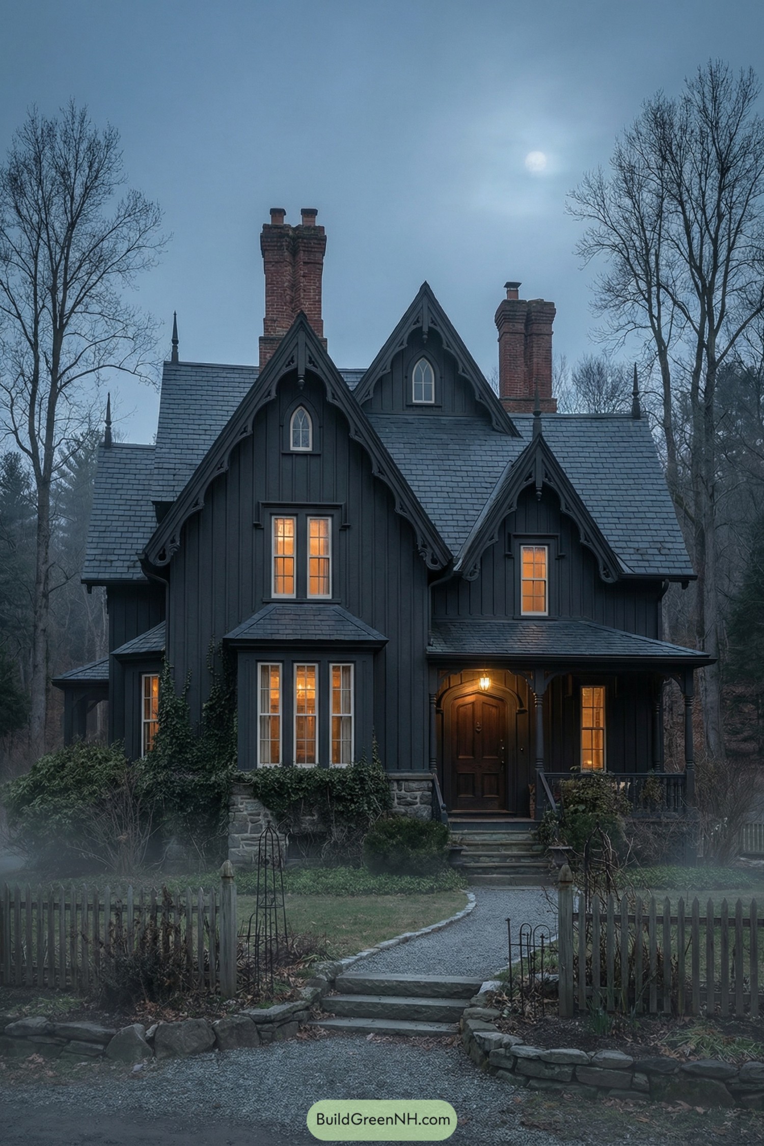 Dark gothic style gabled house with glowing windows and tall brick chimneys on a misty evening
