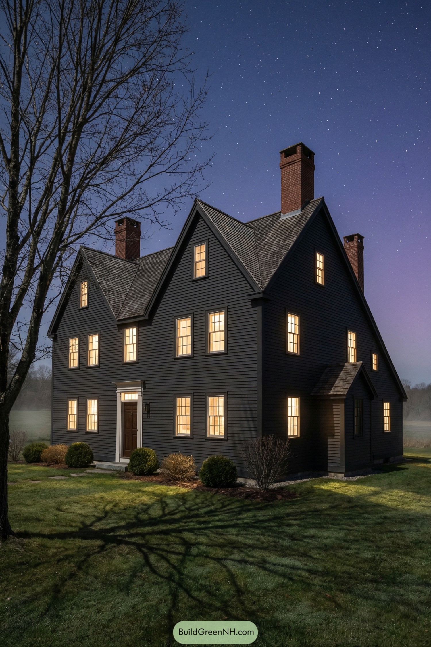 Dark gabled farmhouse style home with tall chimneys glowing warmly at night