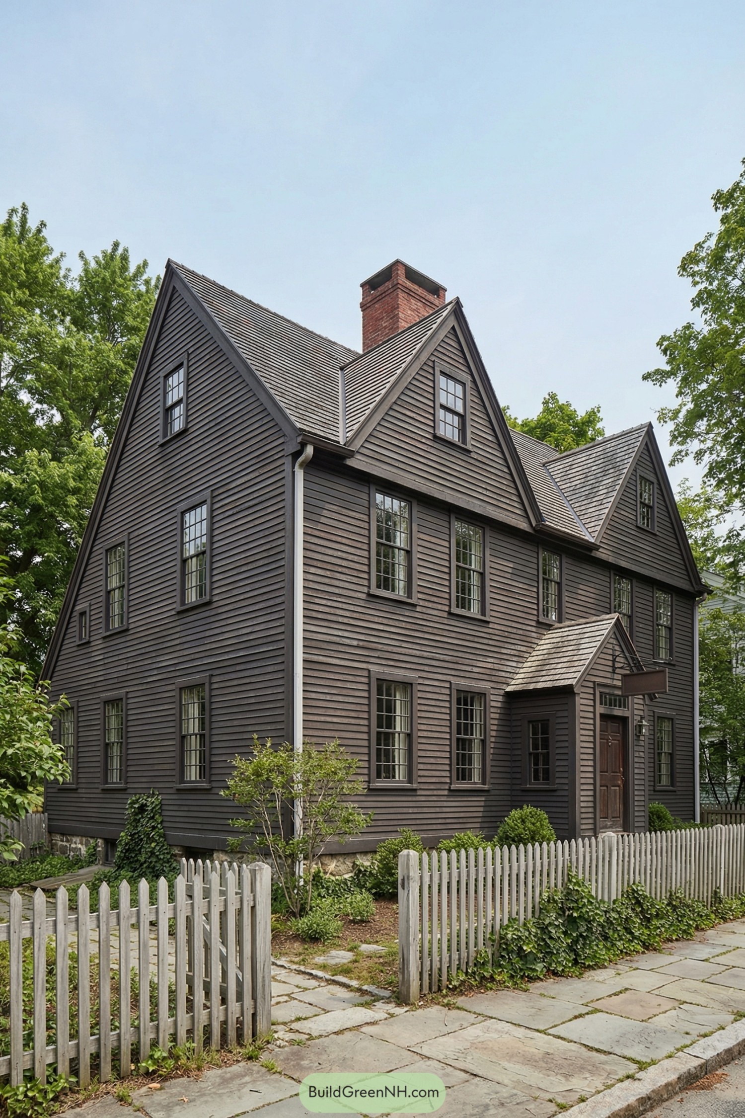 Dark clapboard gabled house with picket fence