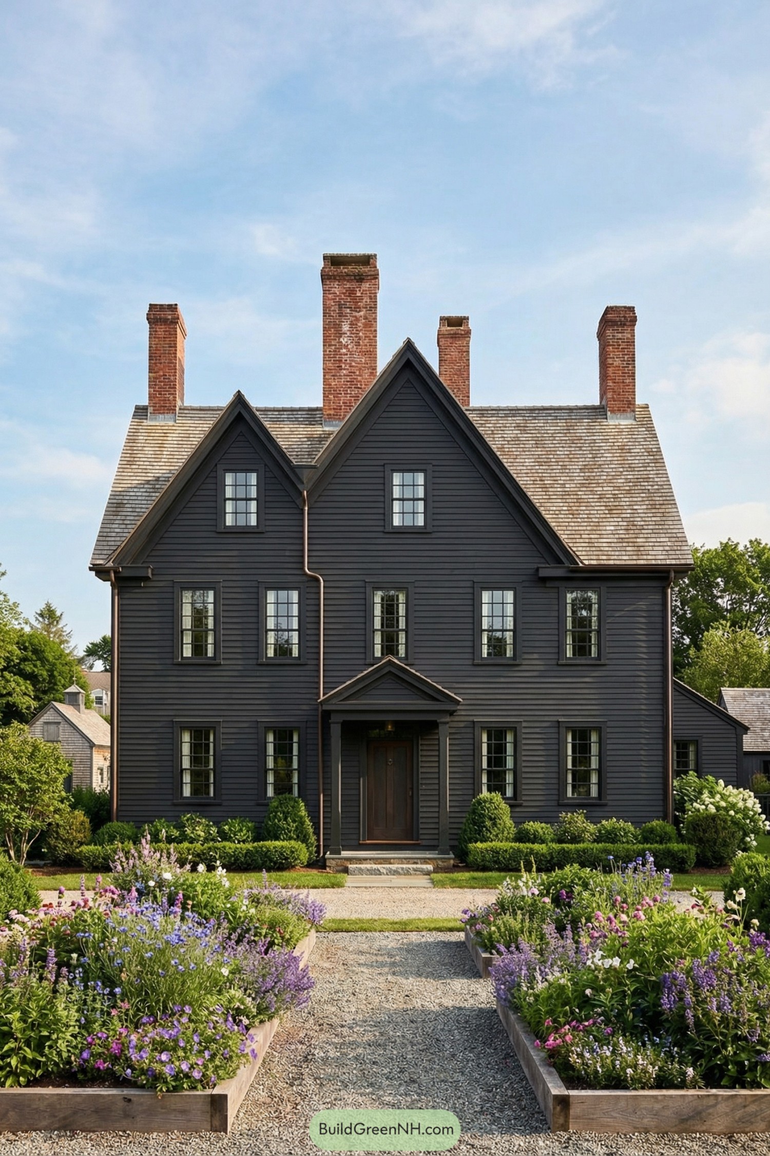 Dark charcoal gabled house with tall brick chimneys and lush flower beds in front