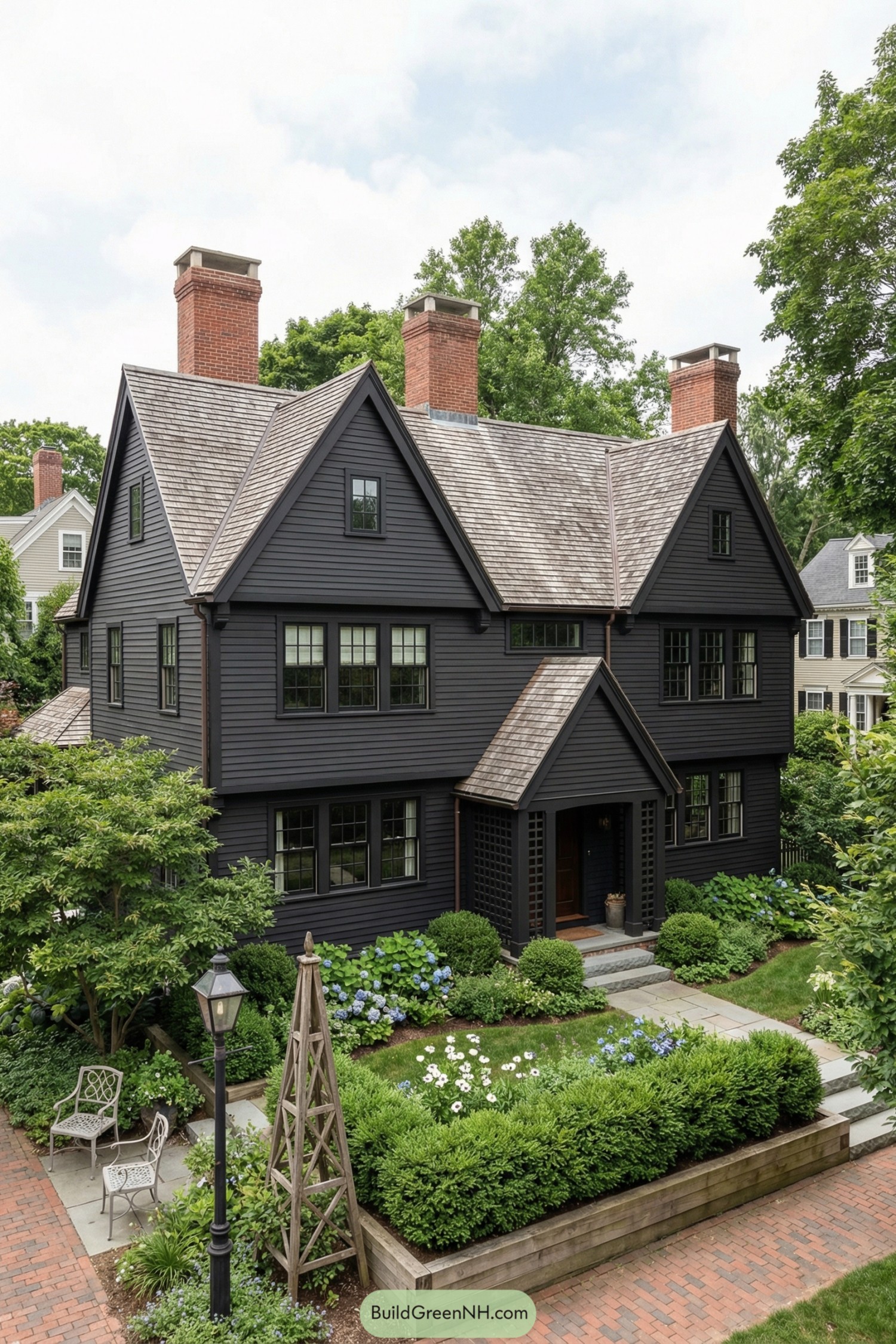 Dark gray gabled house with lush landscaped front yard