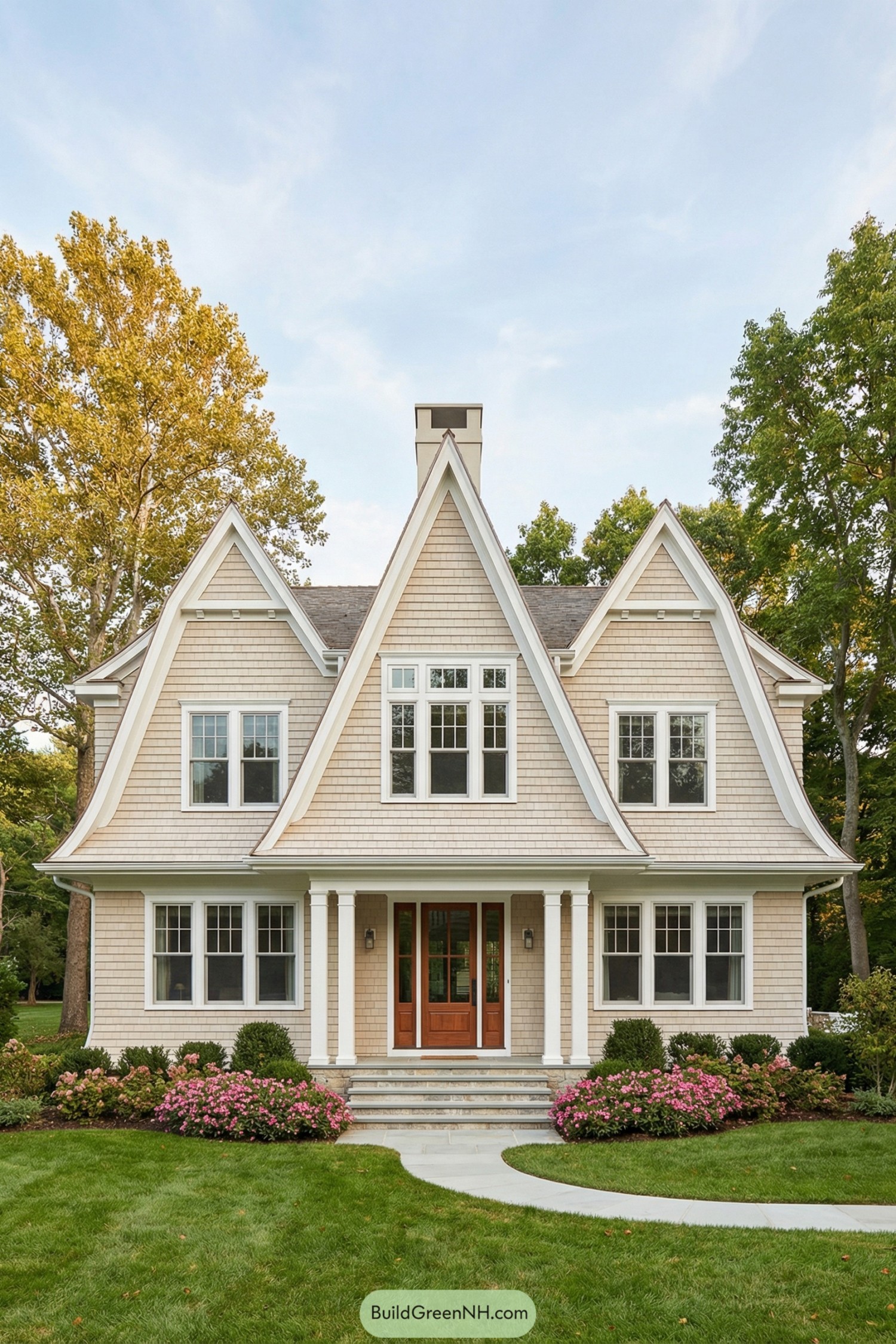 Cream gabled house with tall symmetrical peaks and a welcoming front porch