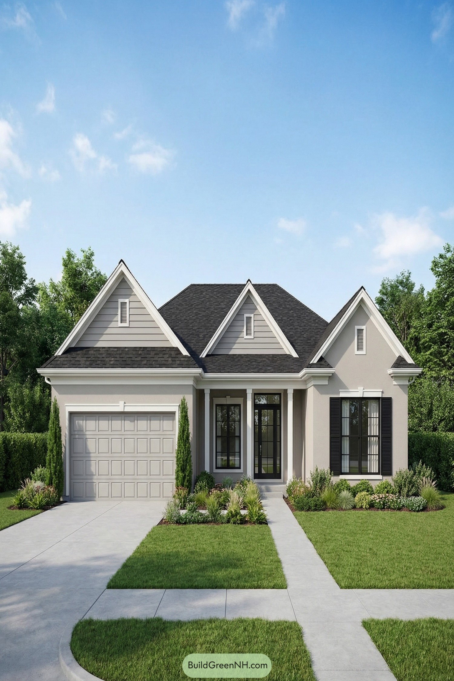 Single story gabled house with front garage and landscaped yard