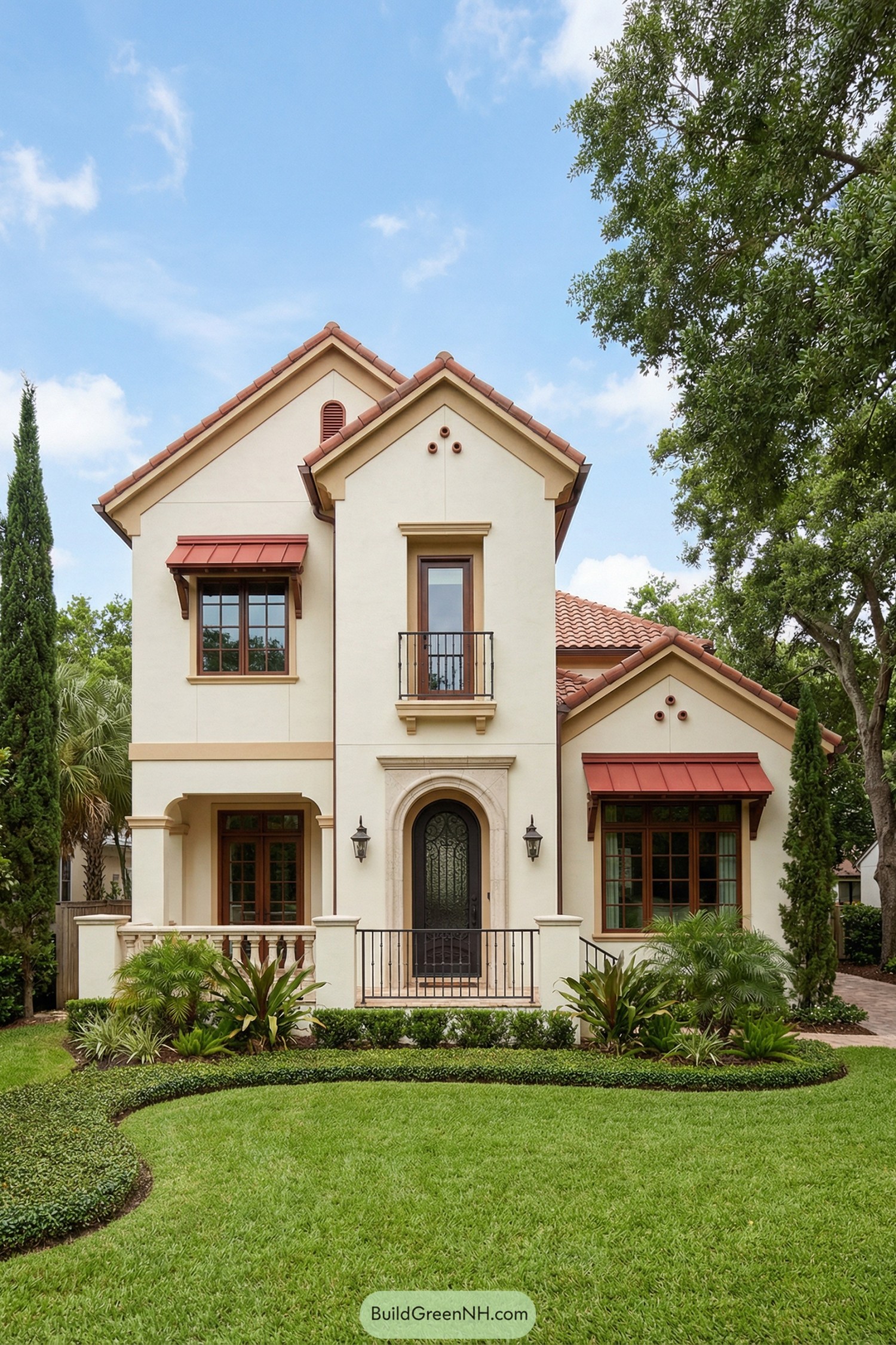 Cream stucco gabled Mediterranean house with red tile roof and manicured front lawn