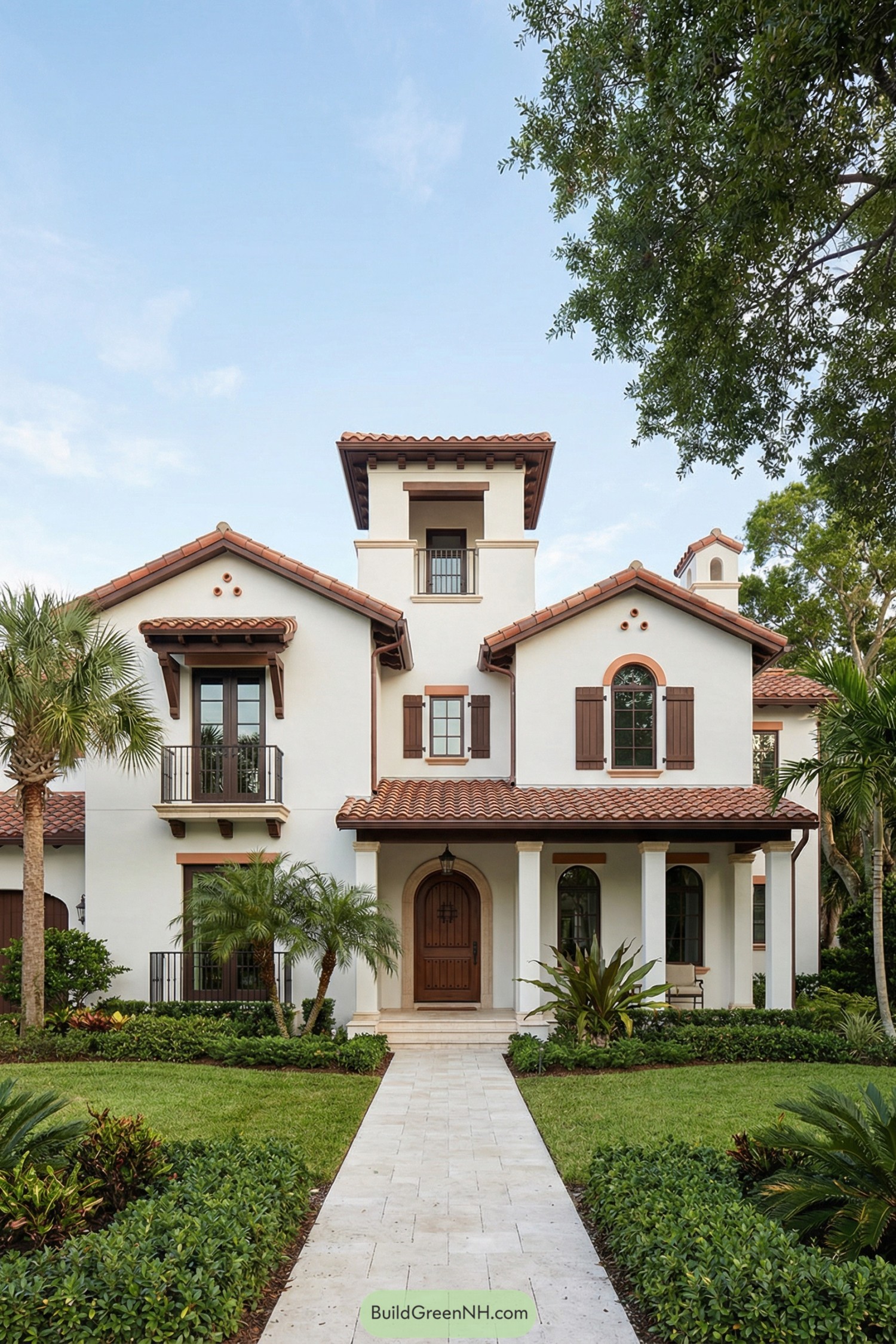 Mediterranean style two story gabled house with white stucco walls and red tile roofs surrounded by lush landscaping