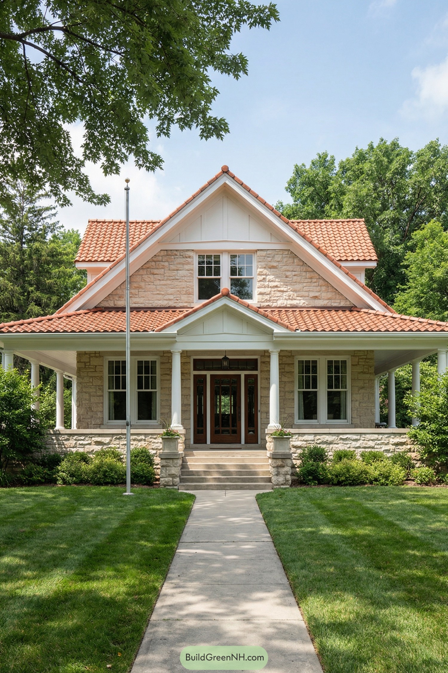 Warm stone house with terracotta gable roof and wraparound porch