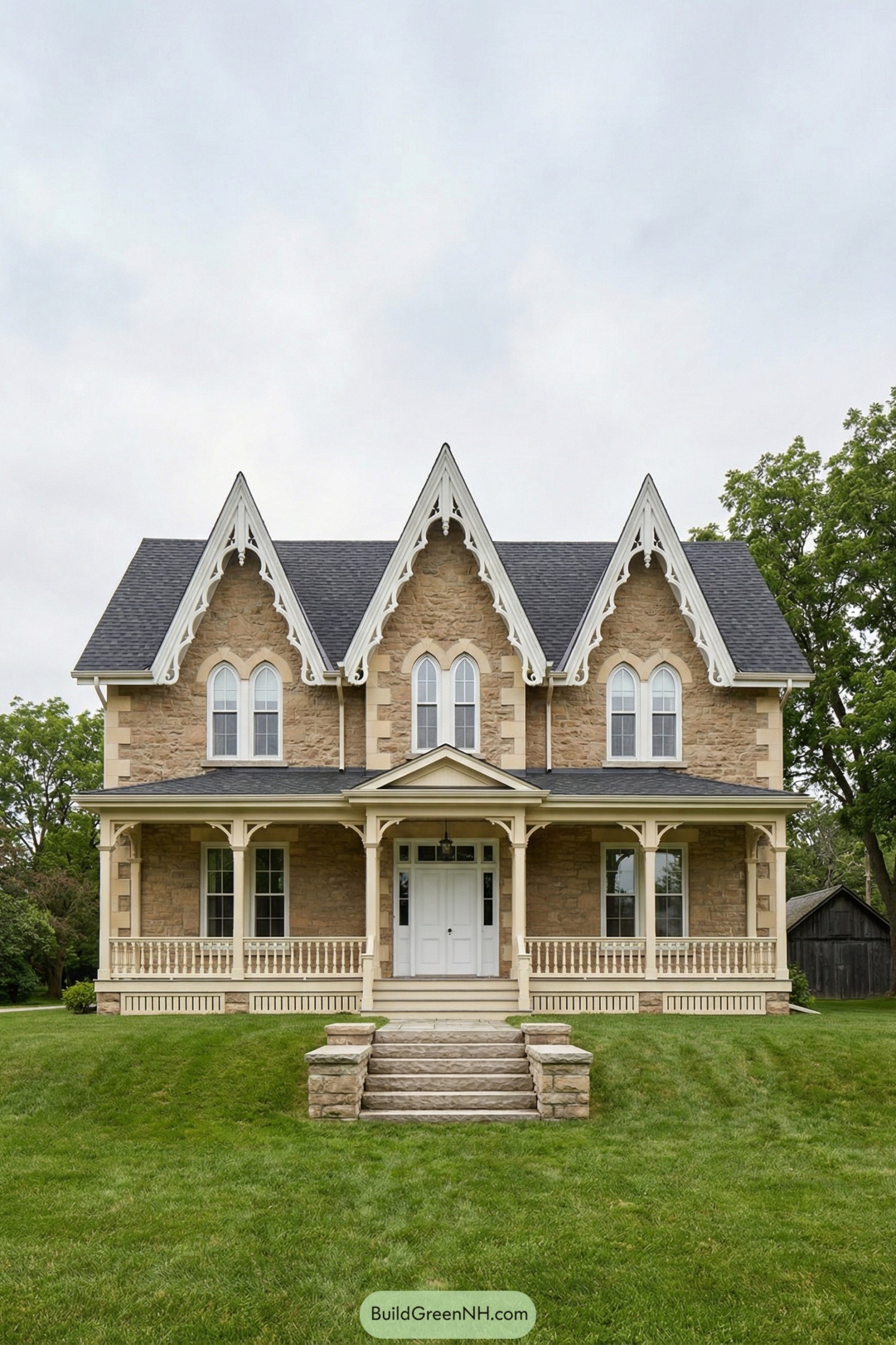 Two story stone house with three steep front gables, ornate white trim, and a covered wrap porch on a wide green lawn. Symmetrical windows and a central entry staircase lead up to a white front door