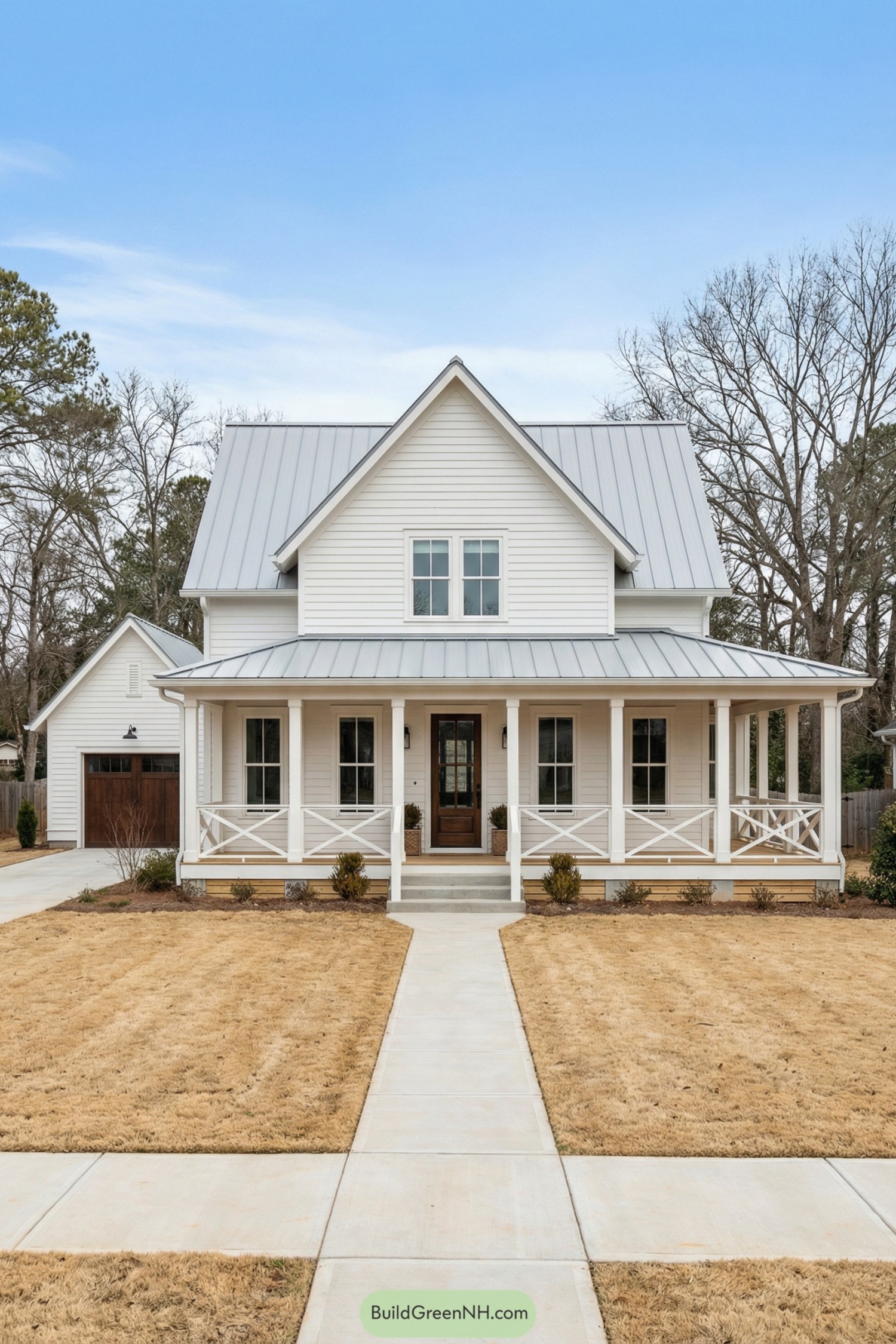White farmhouse with metal gable roof and wraparound porch
