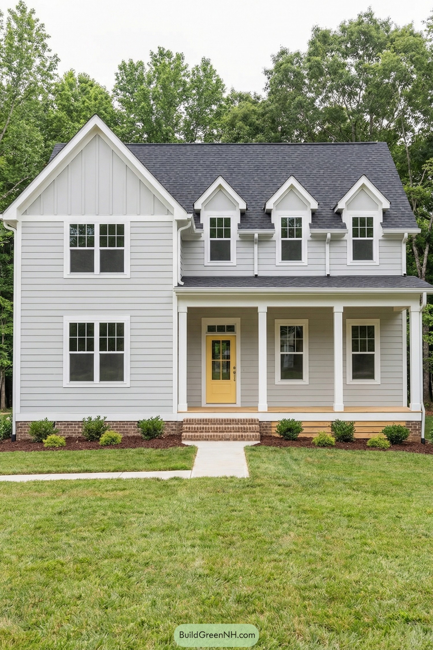 Light gray gabled house with yellow front door and covered porch