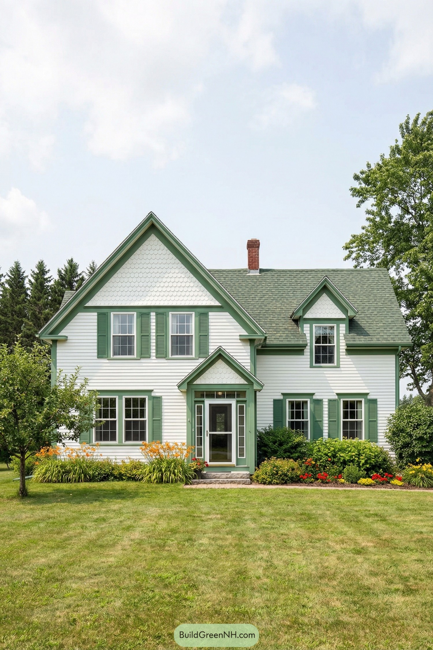 White two story house with green gables and shutters framed by colorful garden beds