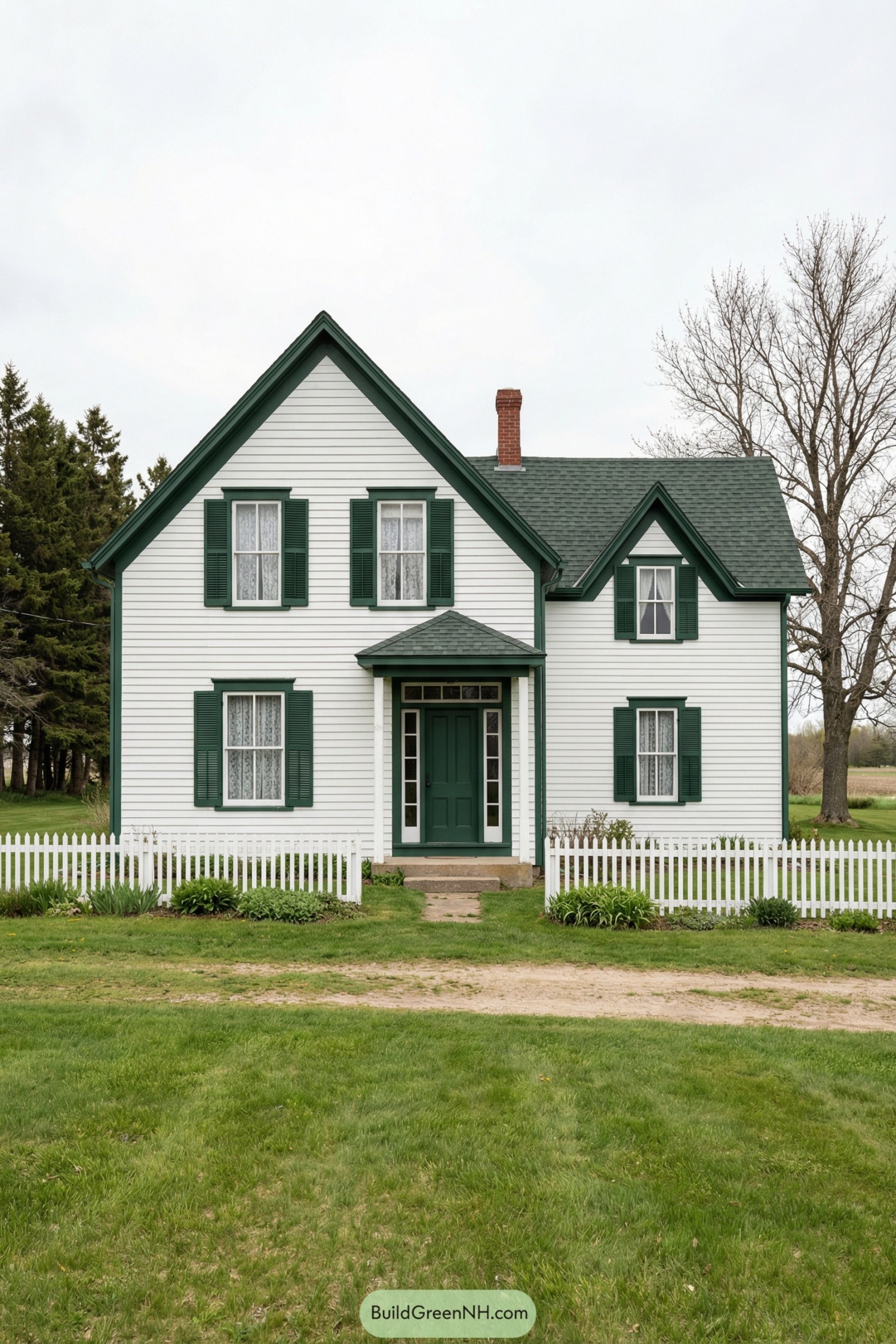 White farmhouse with green gables shutters and picket fence on a grassy rural lot