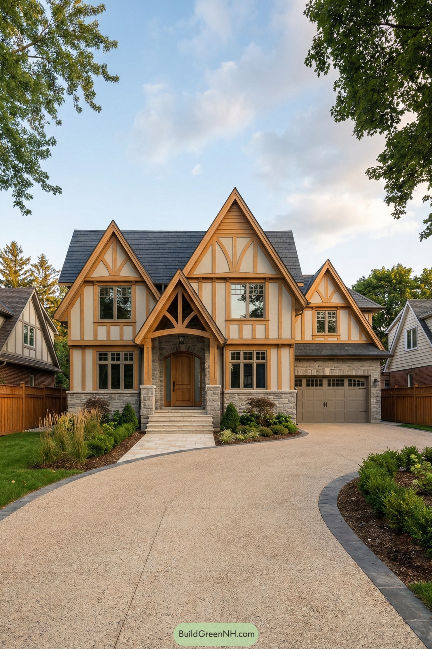 Tudor style house with steep gables and stone base
