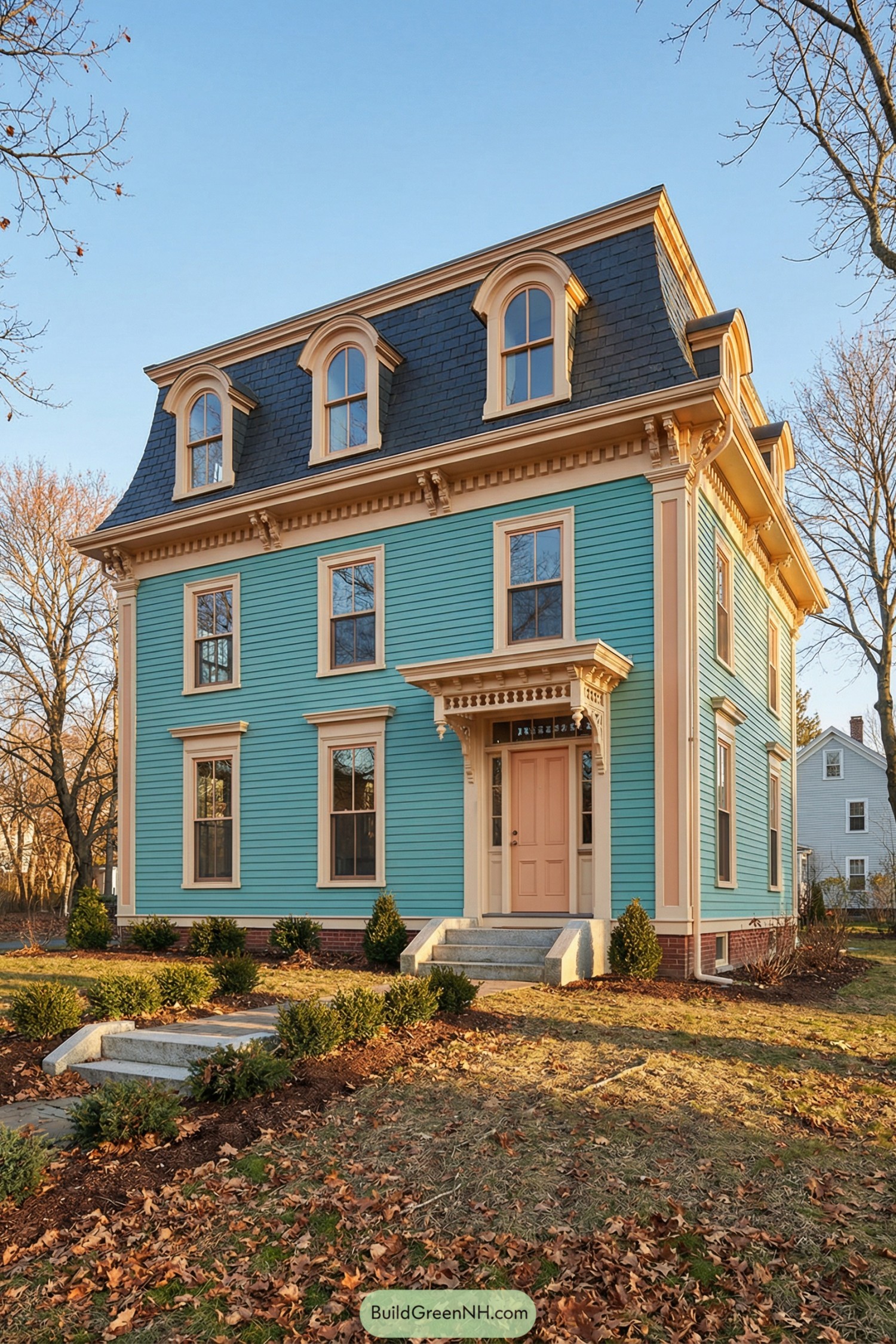 Turquoise three story mansard house with cream trim and arched dormers