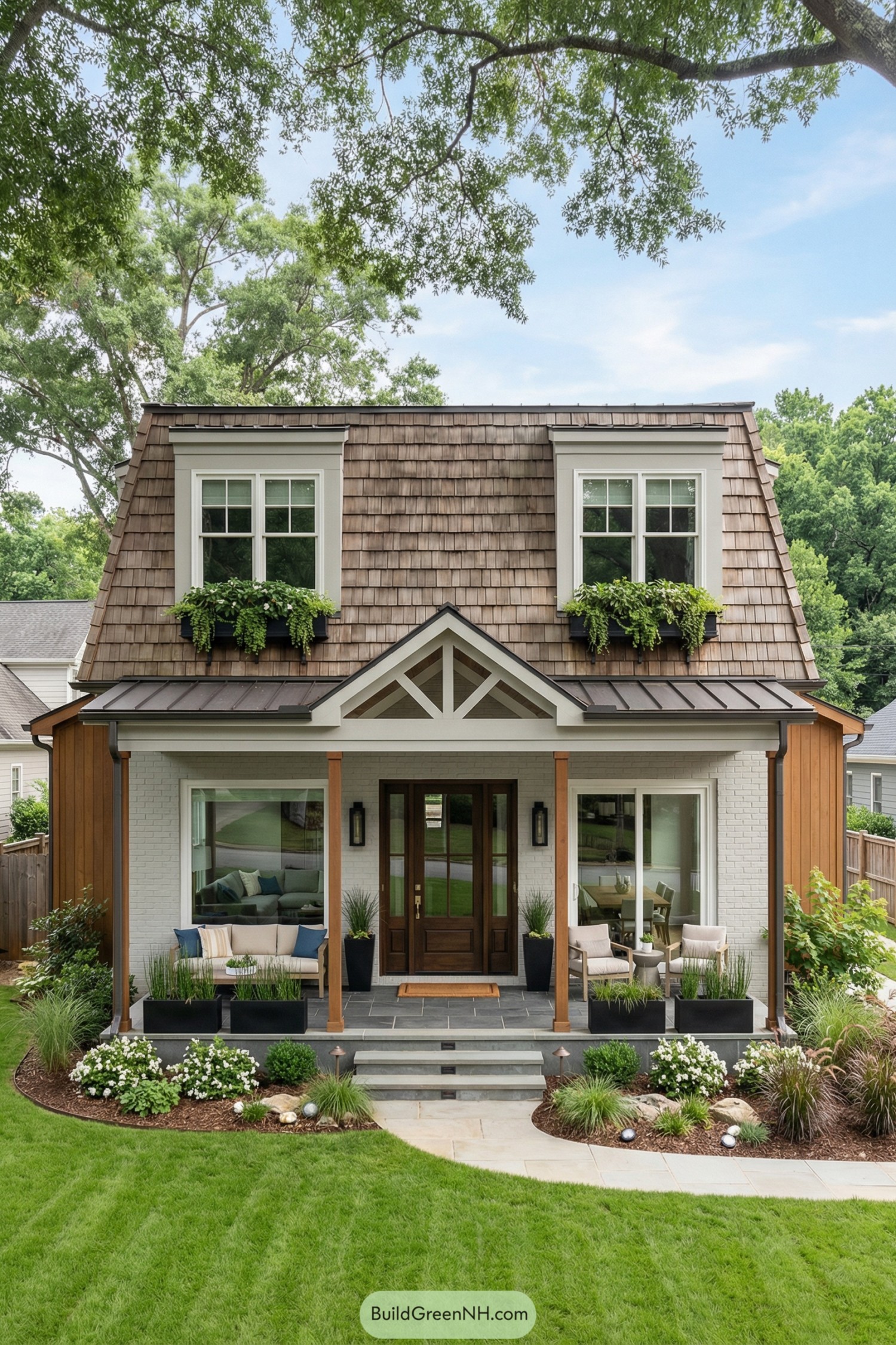 Compact two story cottage with shingled mansard roof and welcoming front porch
