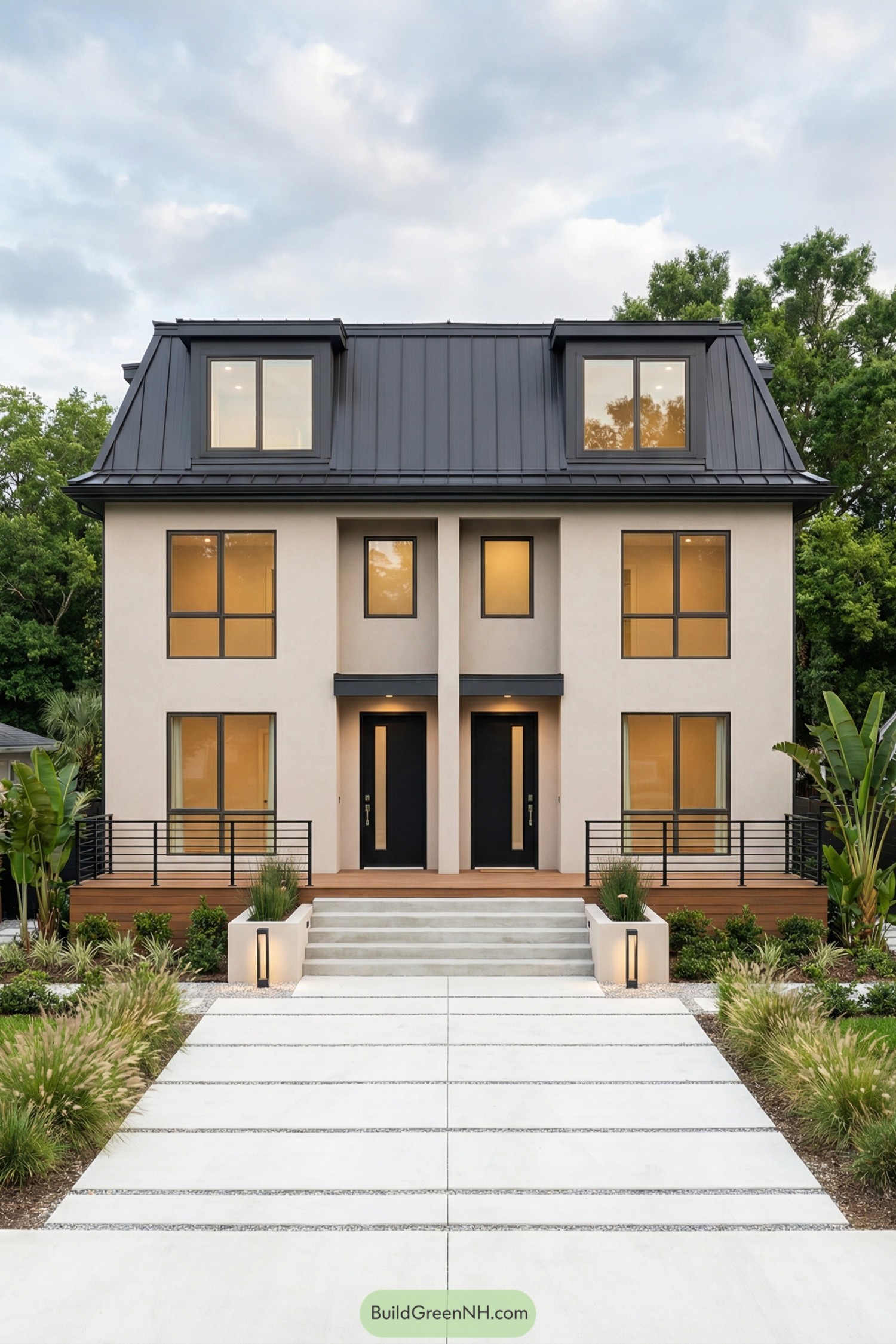 Modern duplex with black mansard roof and large windows