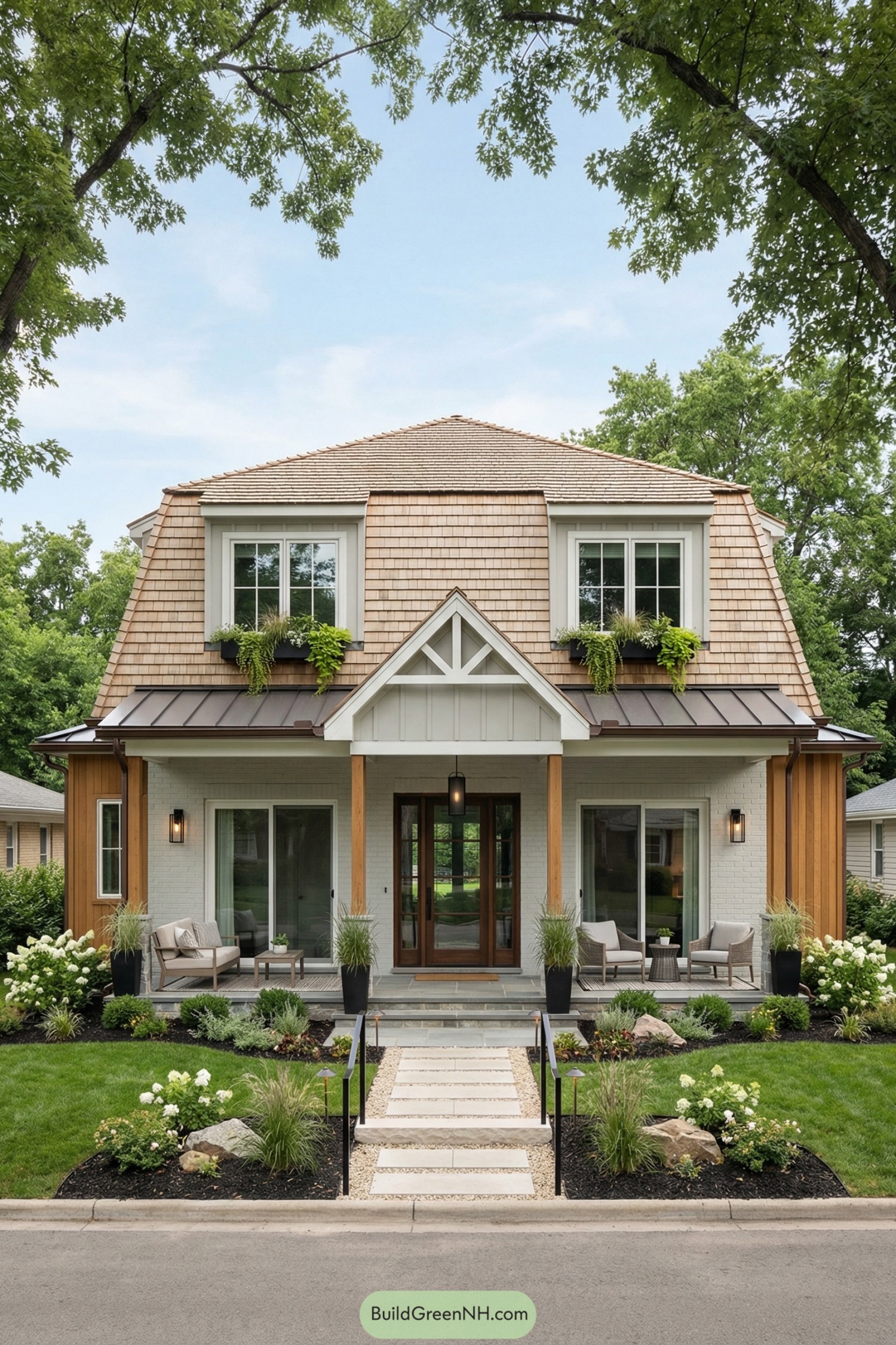 Two story house with warm shingle mansard roof and welcoming front porch