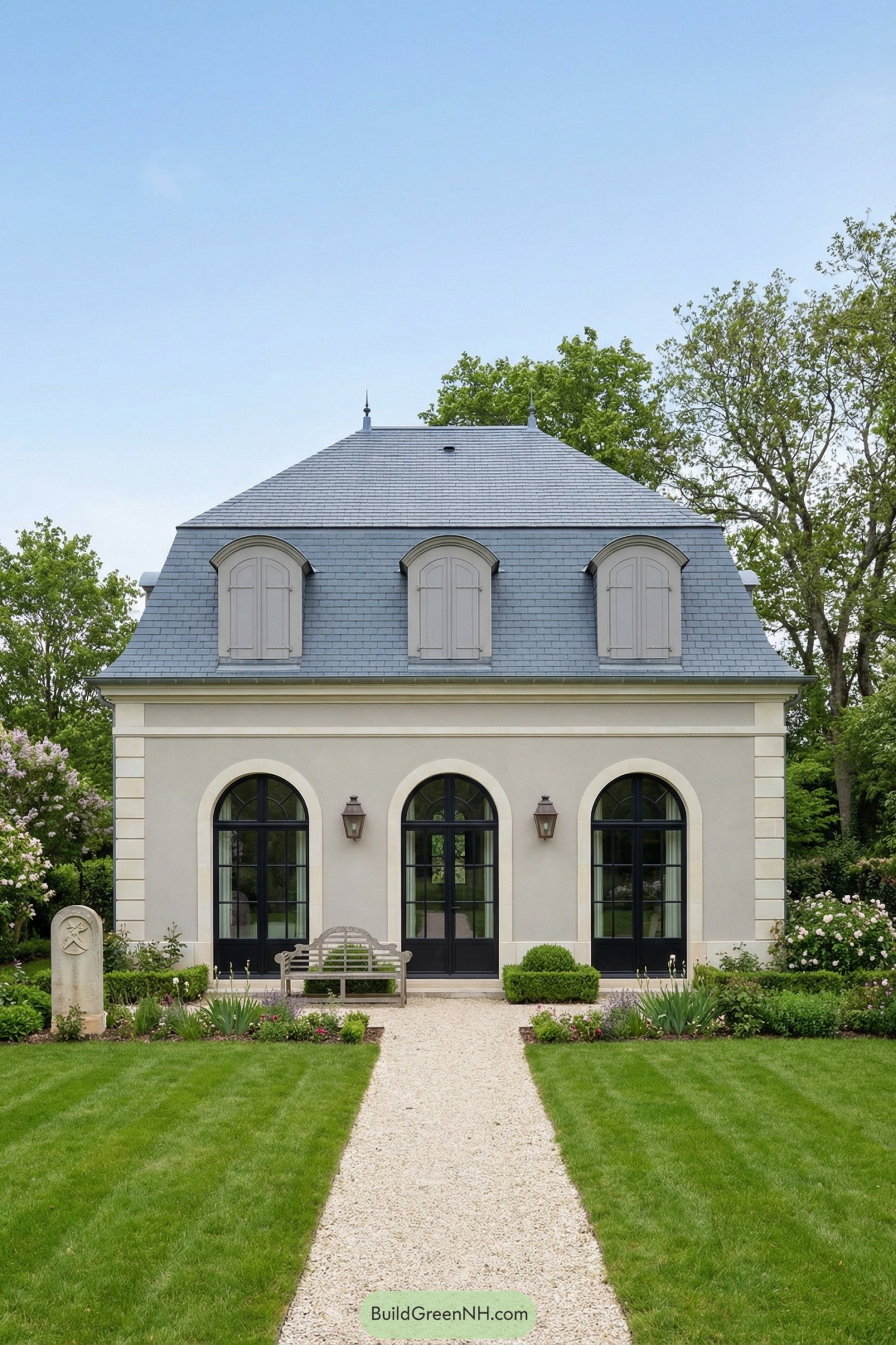 Elegant cream stucco house with blue mansard roof and arched black-framed doors facing a formal garden path