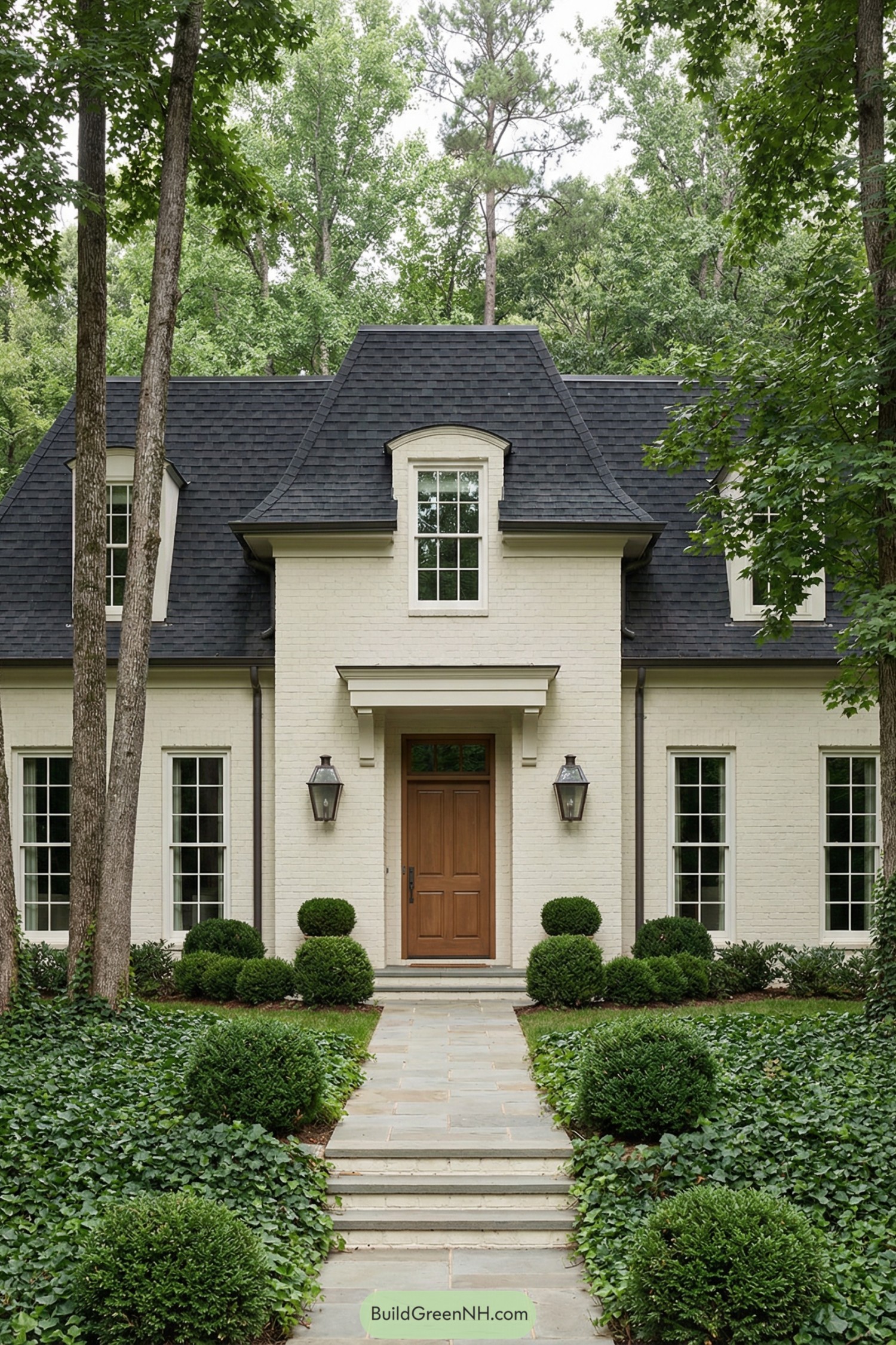 Cream brick mansard-roof house with central wooden door, tall windows, and manicured greenery along a stone path in a wooded setting