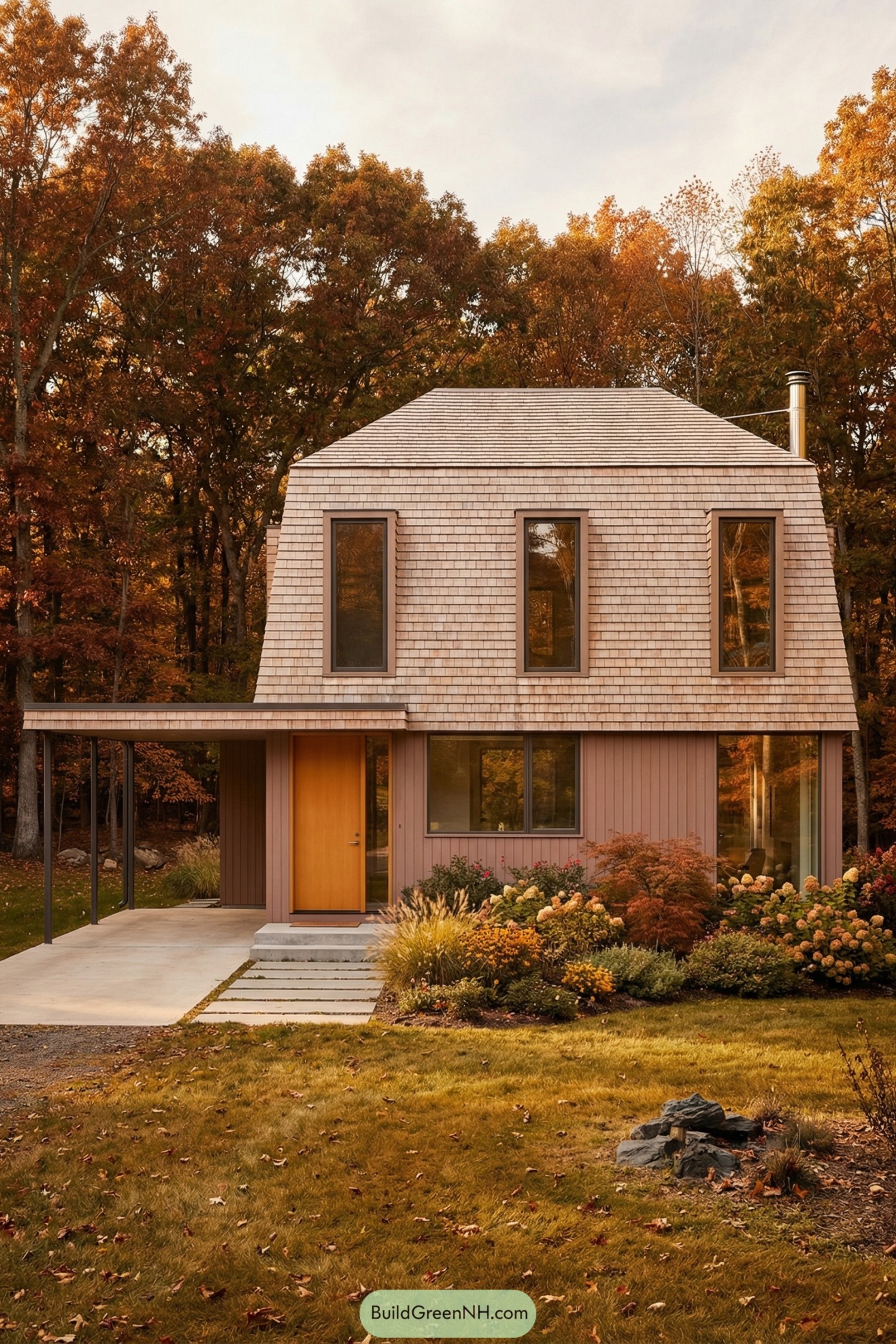 high-res photo of house with mansard roof, low rectangular volume with clean mid‑century lines, balanced horizontal facade, warm and inviting contemporary style; cladding in two parts: upper level fully wrapped in weathered cedar shingles in light brown tones, lower level in vertical wooden siding painted muted reddish-brown; broad mansard roof with steep lower slopes and almost flat top, fully shingled in matching cedar, crisp eaves, simple metal chimney at rear; front facade with tall, narrow rectangular windows on upper level set into the mansard with dark frames and no mullions, lower level with wider horizontal windows and full-height glazing panels, clear glass with subtle reflections; main entrance on front, flush solid wooden door in warm honey color, minimalist hardware, small plain surround, concrete step; attached open carport on the left with flat roof slab, thin dark posts, smooth concrete driveway and large rectangular stepping stones leading to the door; low, dense foundation planting of mixed shrubs and flowering bushes in soft yellows, oranges, and reds arranged in naturalistic clusters along the facade; foreground with slightly uneven golden-brown lawn, scattered fallen leaves, small dark rock groupings; background of tall mature deciduous trees in peak autumn colors—deep reds, oranges, and ochres—forming a dense wooded backdrop under a softly glowing sky, warm late-afternoon light, long gentle shadows, overall calm and picturesque forest setting. single real-life photo, high-resolution, architectural photography, soft lighting, cinematic composition, strictly no collages.