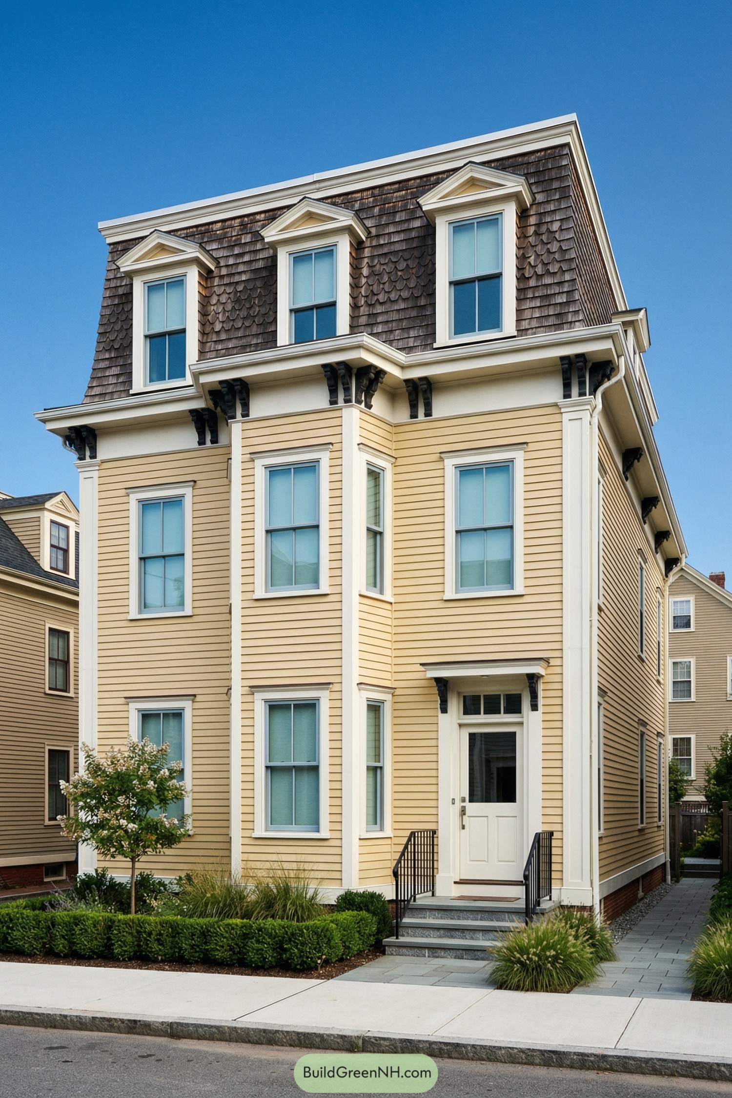 Three story yellow corner house with mansard roof, shingle cladding, and tall white trimmed windows