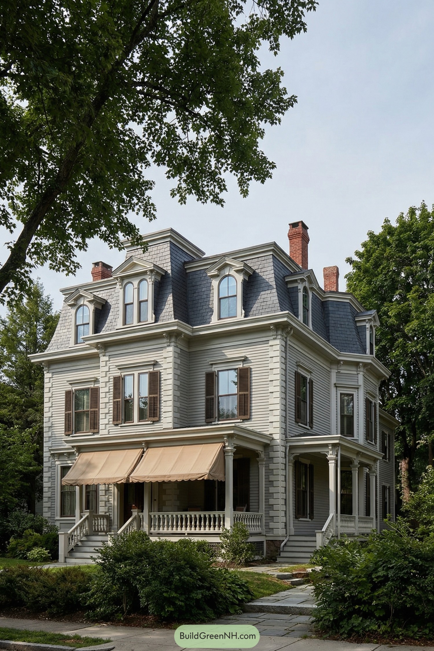 Historic gray mansard house with tall windows, awnings, and wraparound porch framed by mature trees