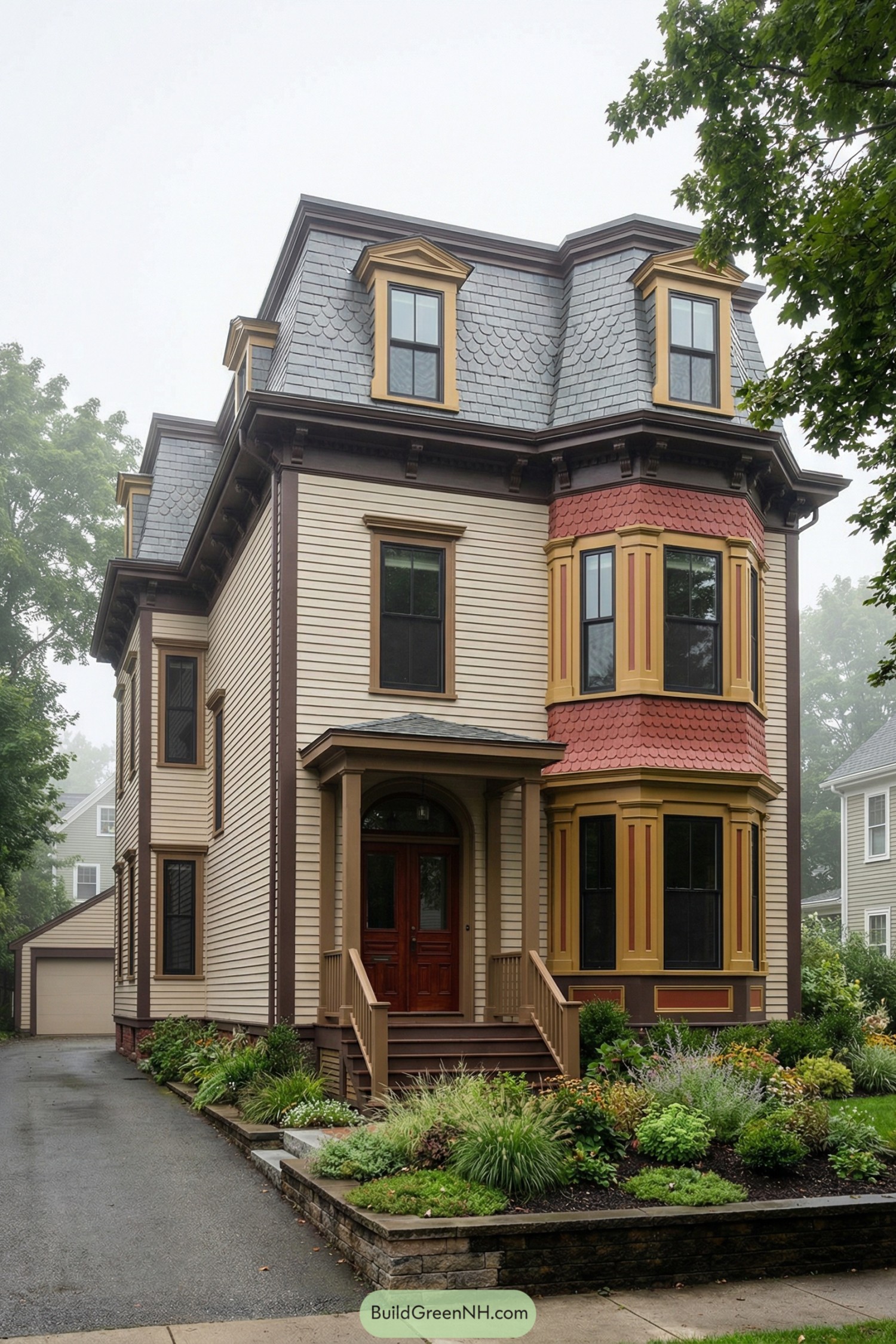 Tall Victorian style home with gray mansard roof, colorful bay window tower, and lush front garden