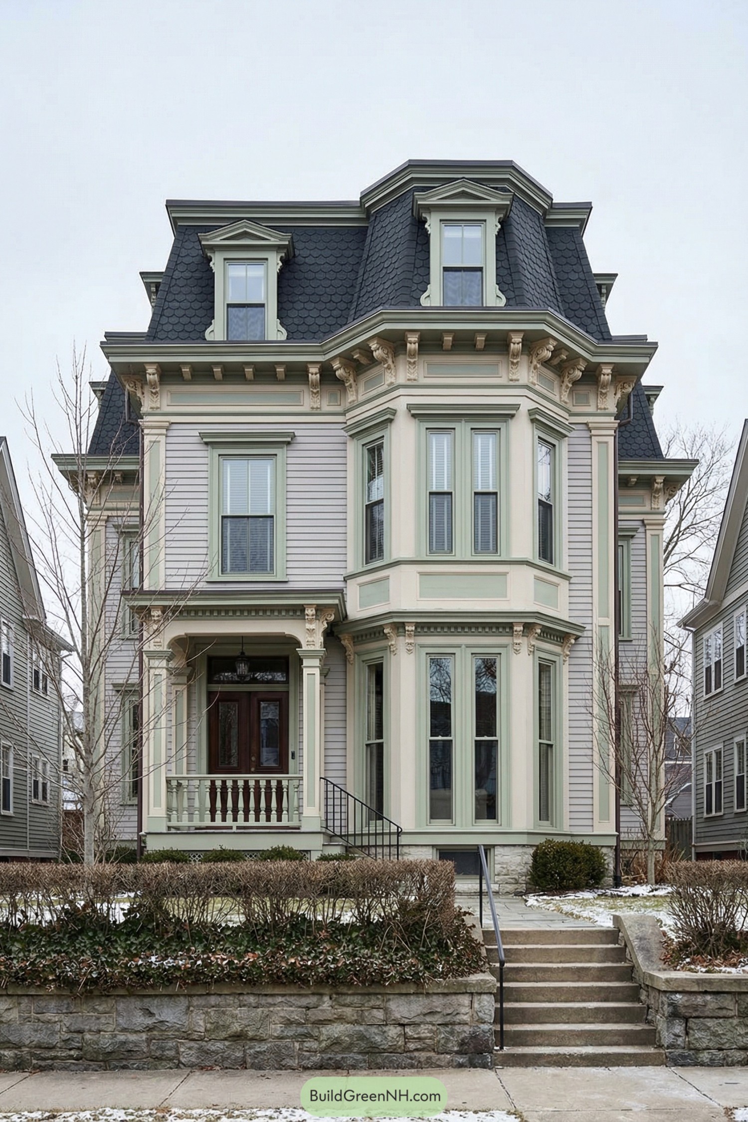 Tall Victorian style house with slate mansard roof and ornate green trim