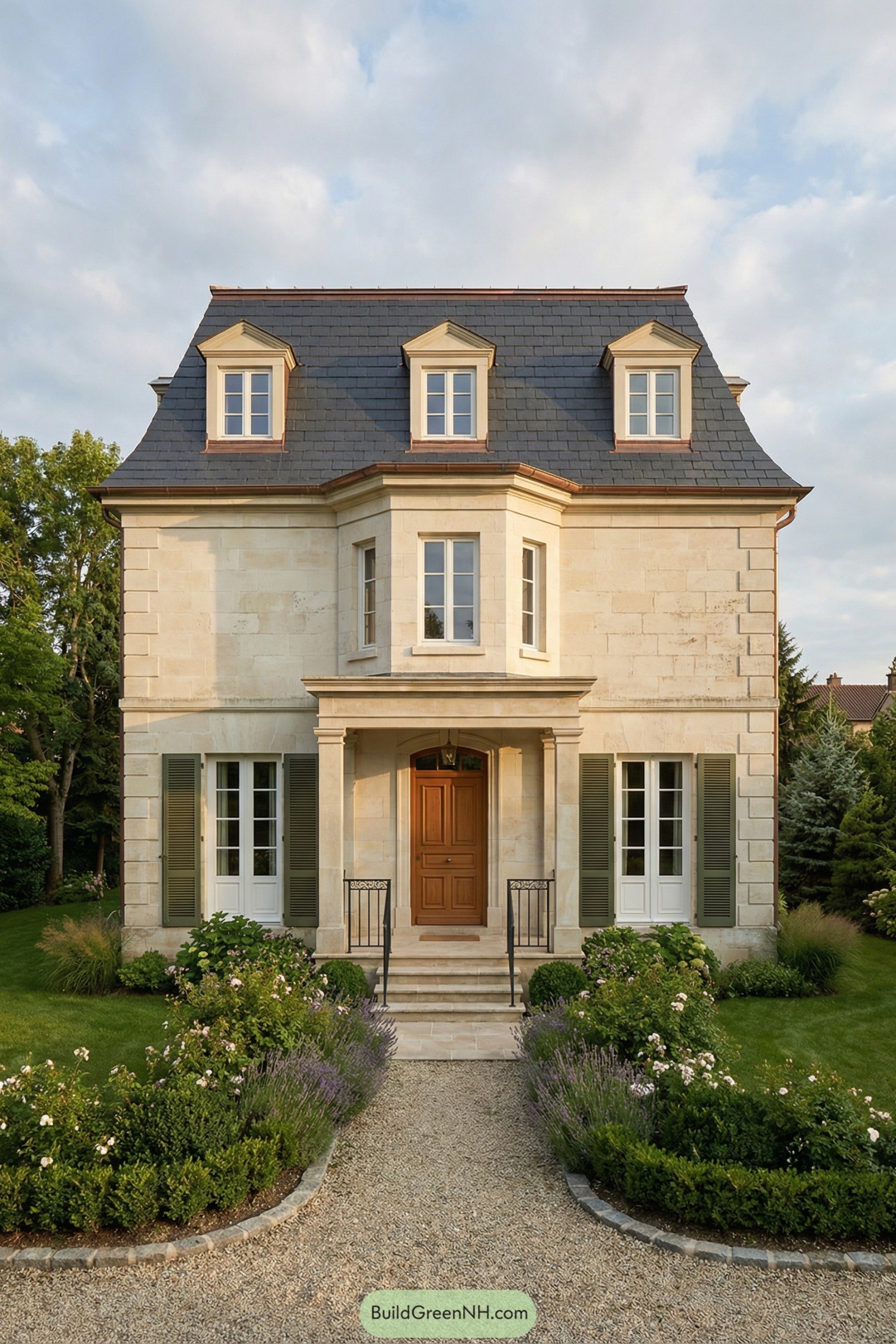 Elegant limestone mansard house with central entry, dormer windows, and lush formal front garden