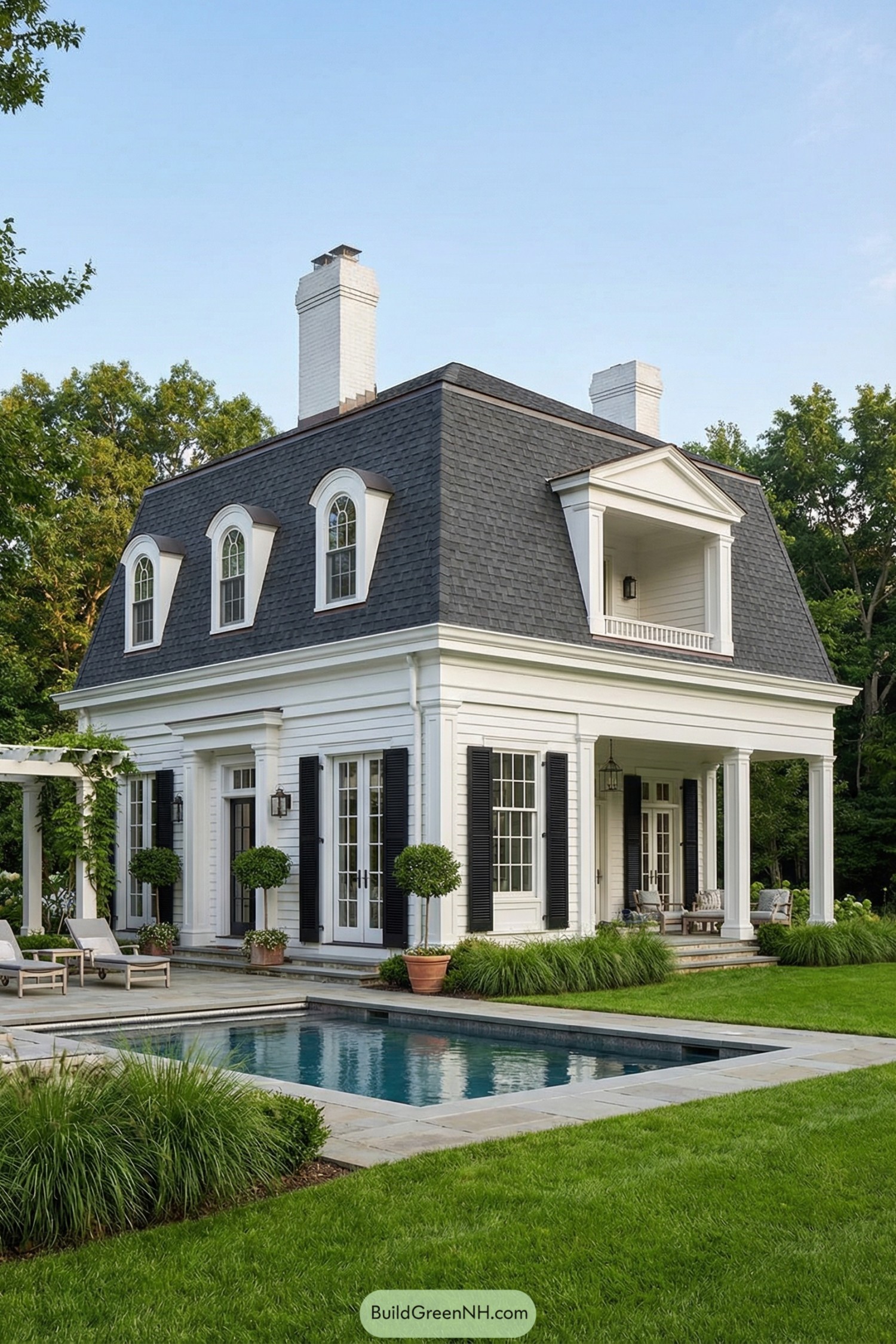 White mansard roof home with black shutters overlooking a compact backyard pool and patio